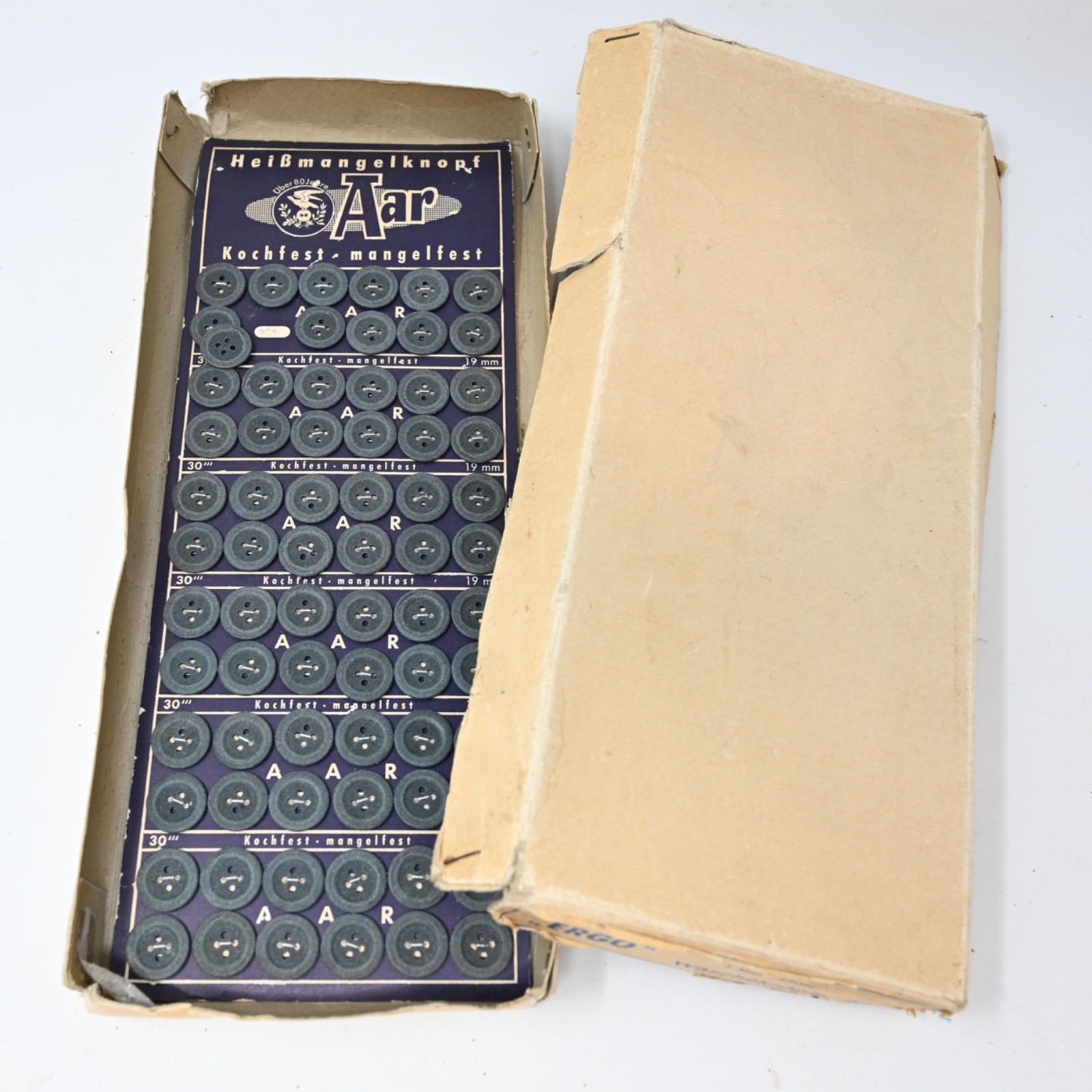 WWII German Original Sheet of Grey Uniform Buttons On Original Card with Box
