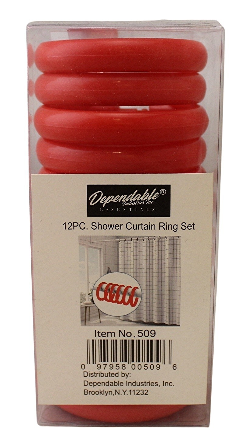 12 Piece Plastic Basic Locking Round Hook Easy Gliding Shower Curtain Rings Red