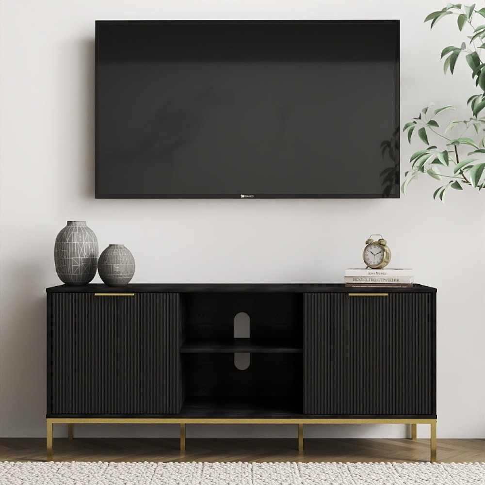 Mid Century Modern TV Stand w Wave Doors Gold Legs Soft Close