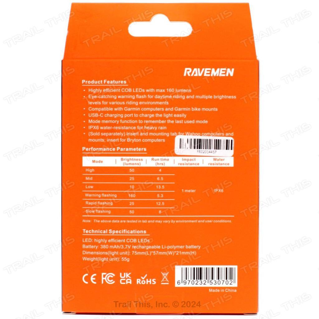 RAVEMEN FR160 Bicycle Headlight Computer USB Rechargeable Garmin-Compatible