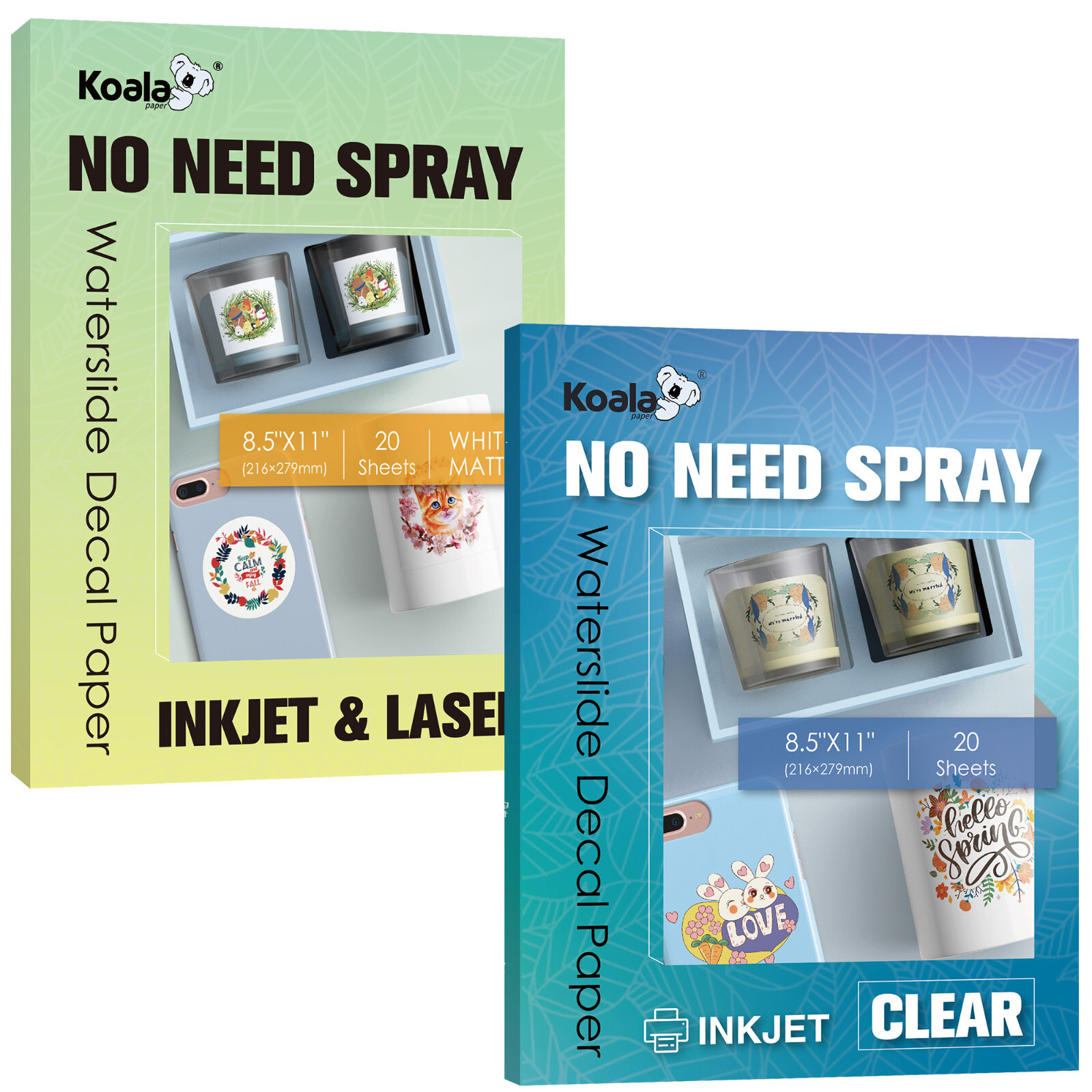 Lot Koala NO SPRAY Waterslide Decal Paper Inkjet Laser - Clear Or White ,8.5x11