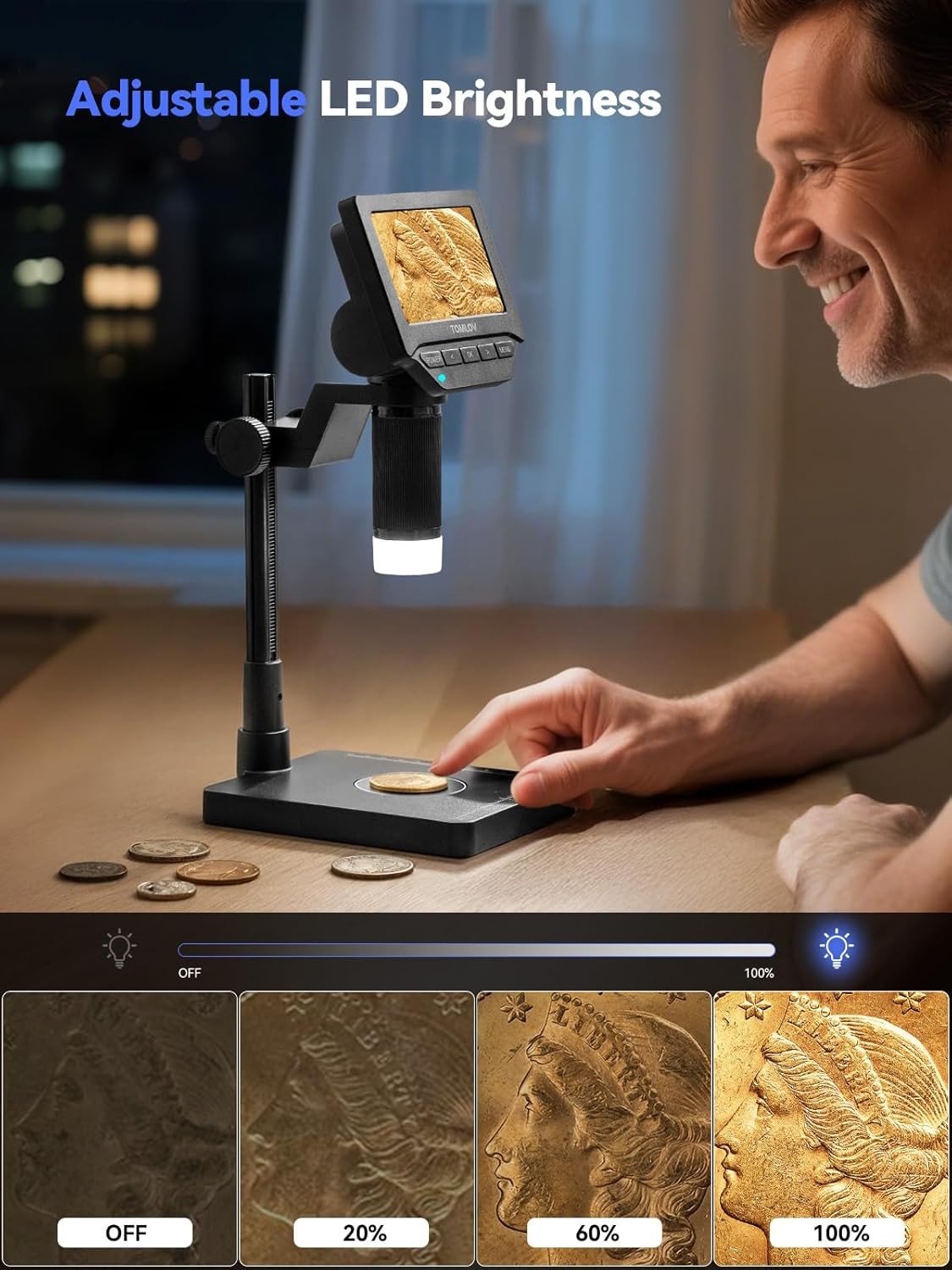 TOMLOV DM4W Coin Microscope with Scale LED Illuminated 200X Error Coin Magnifier