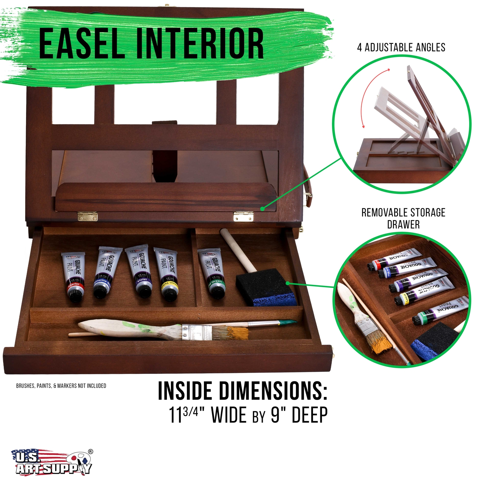 Walnut Solana Artist Wood Desk Table Easel, Storage Drawer, Art, Paint, Canvas