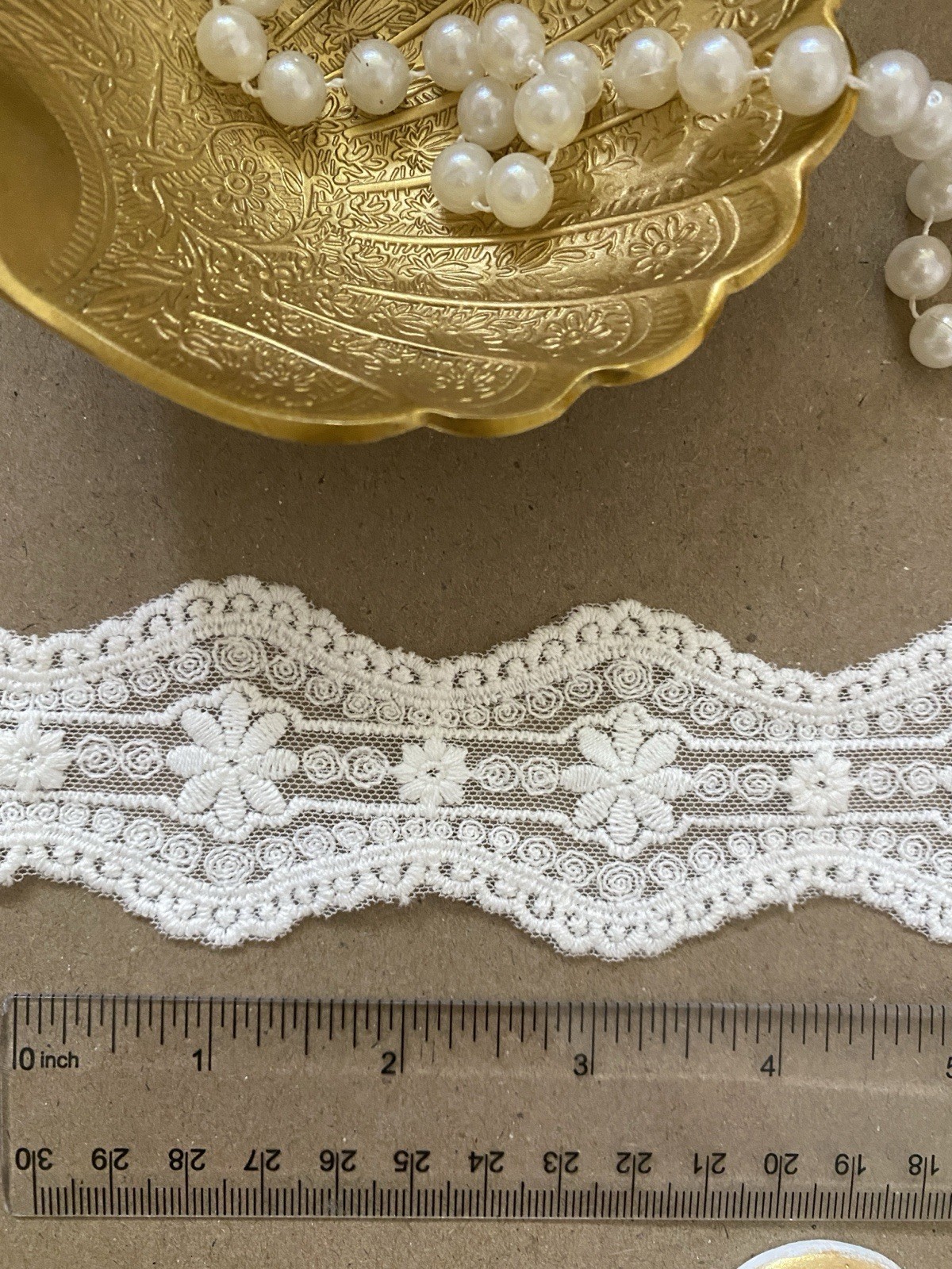 2 Yards Vintage Tulle Embroidered Floral Lace Trim, Soft White, Scalloped Edges