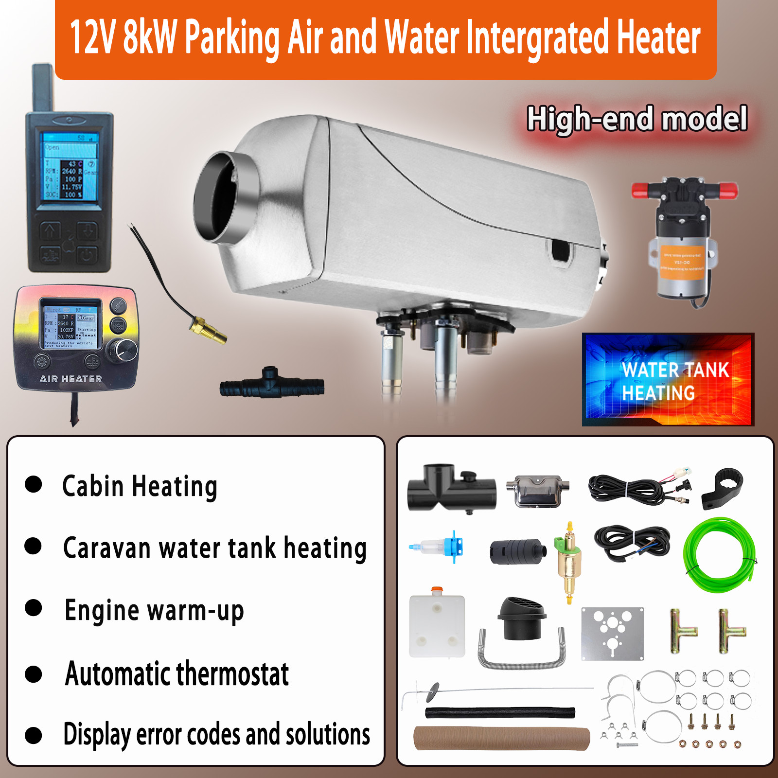 Diesel Heater 12V 8KW Air Water Heater with 2-way remote control LCD display