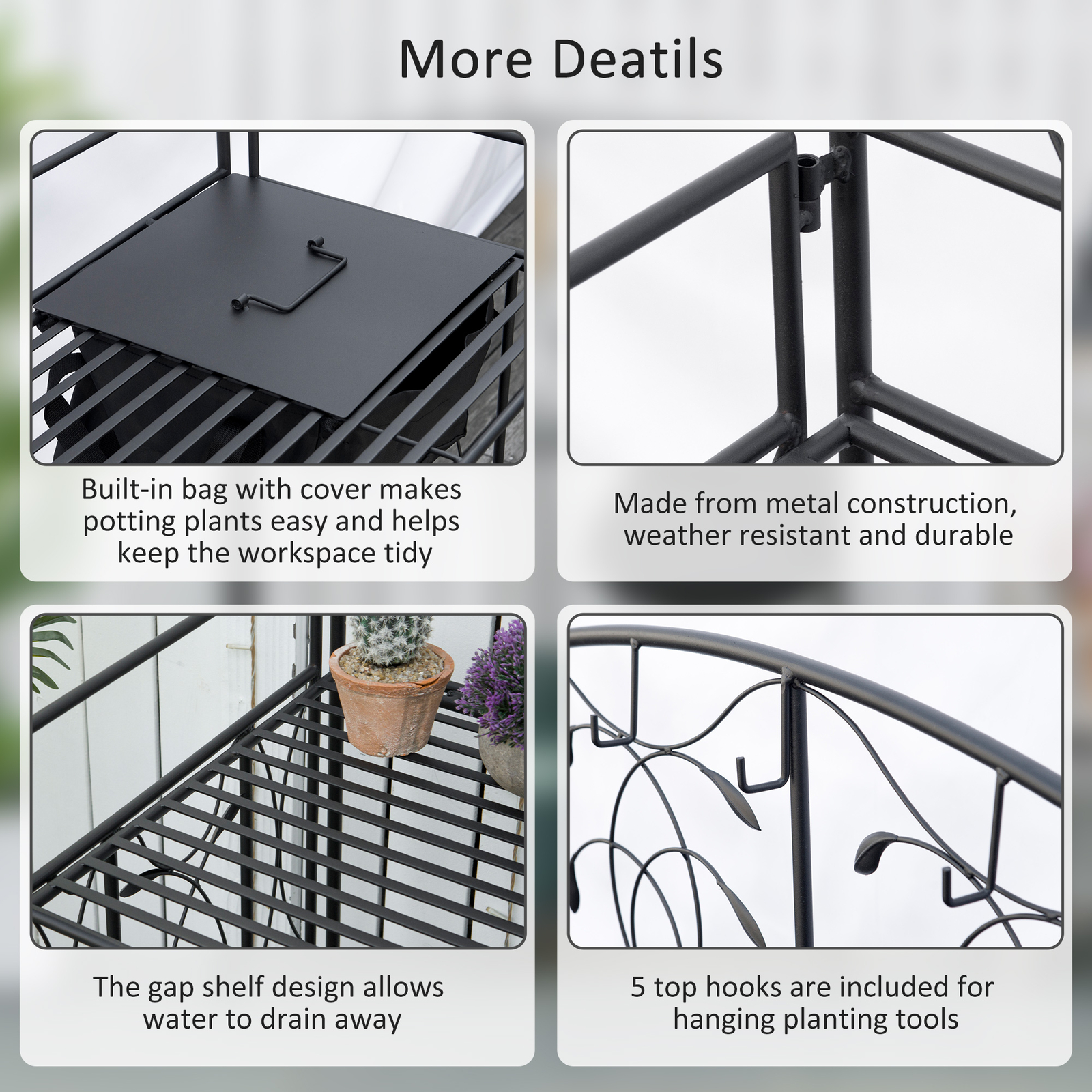 Garden Metal Potting Table Planting Bench Outdoor w/ Bag, Hook