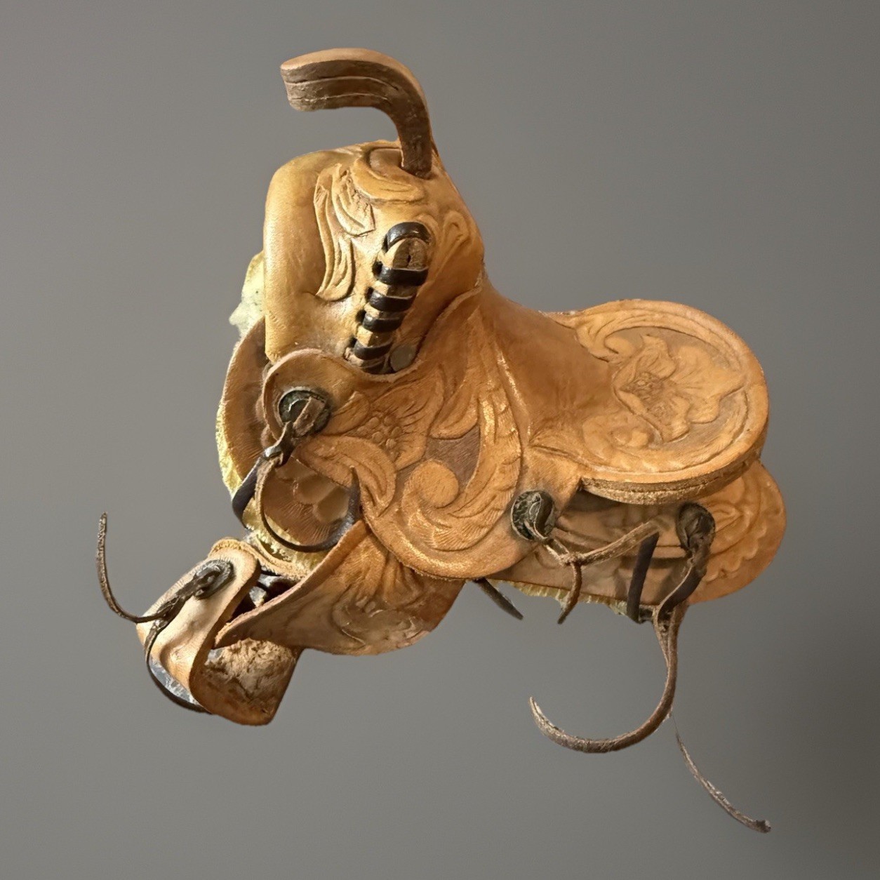 Vintage Western Mini Leather Saddle Cowboy Ranch Decor Shearling Tooled 6”x4.5”