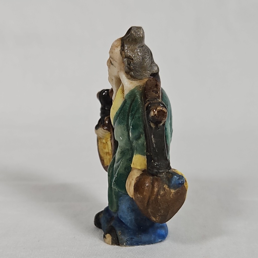 Vintage Japanese Miniature Figurine Yoke Bearing Man Coin Peach Peasant