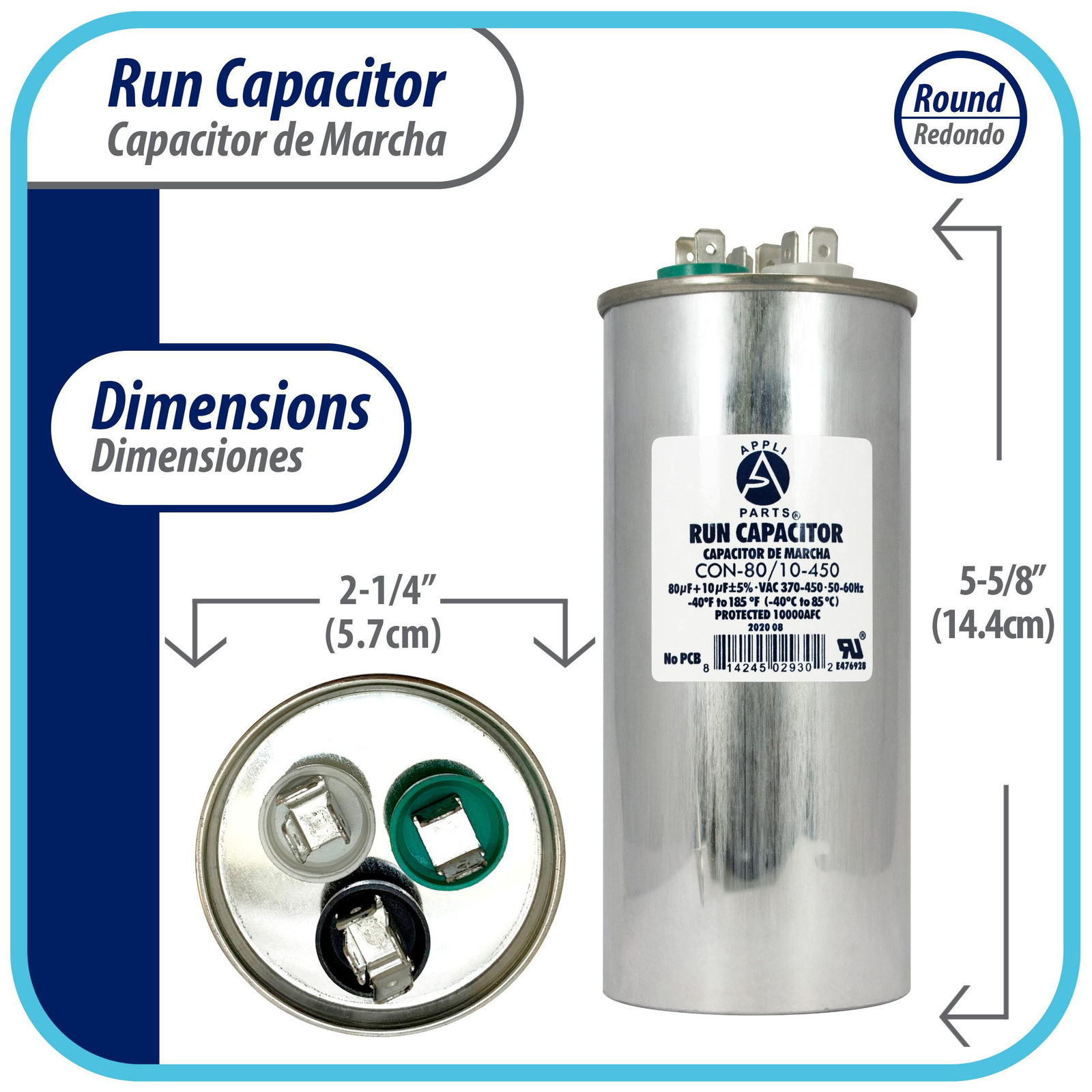 Appli Parts Dual Run Capacitor for ac 80+10 Mfd uF (microfarads) 370VAC or 450VA