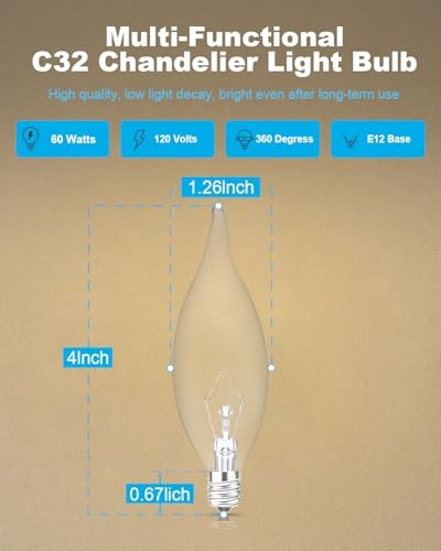 60W Candelabra Light Bulbs, E12 B10 Clear Candle Base Bulb with 60W -12 Packs