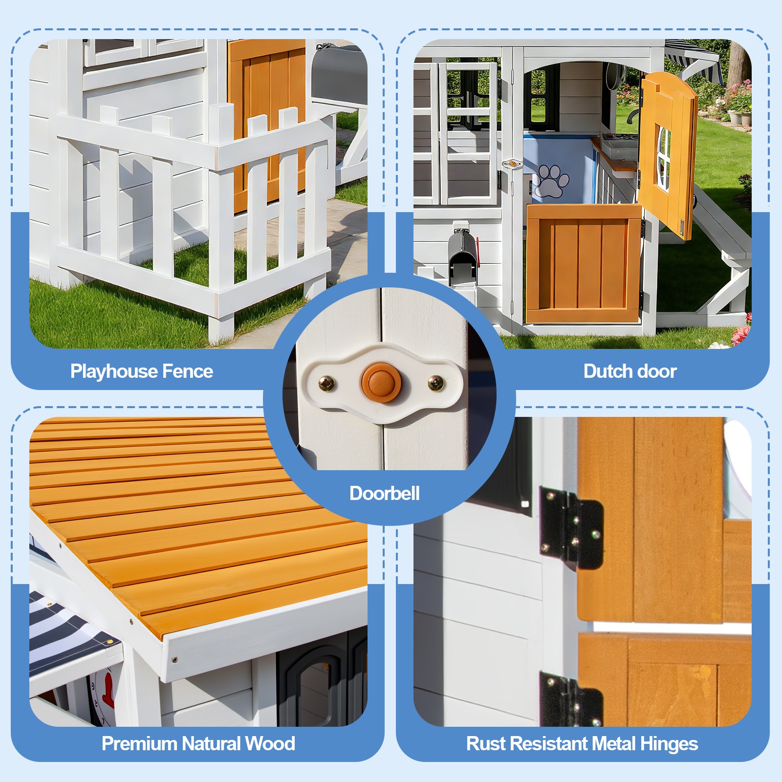 Kids Wooden Playhouse Outdoor Cottage Play Kitchen,Bench,Blackboard,Tic-Tac-Toe