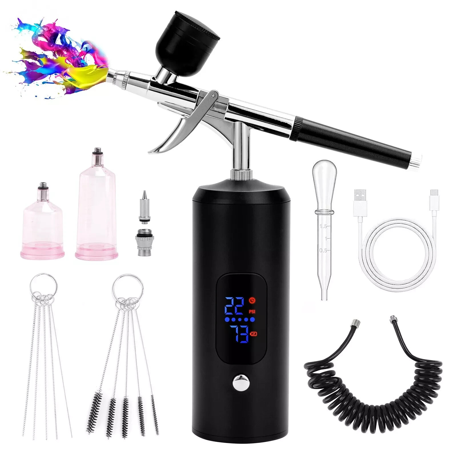 Cordless Airbrush Kit Handheld Sprayer Gun 38PSI LCD for Barber Nail Art Makeup