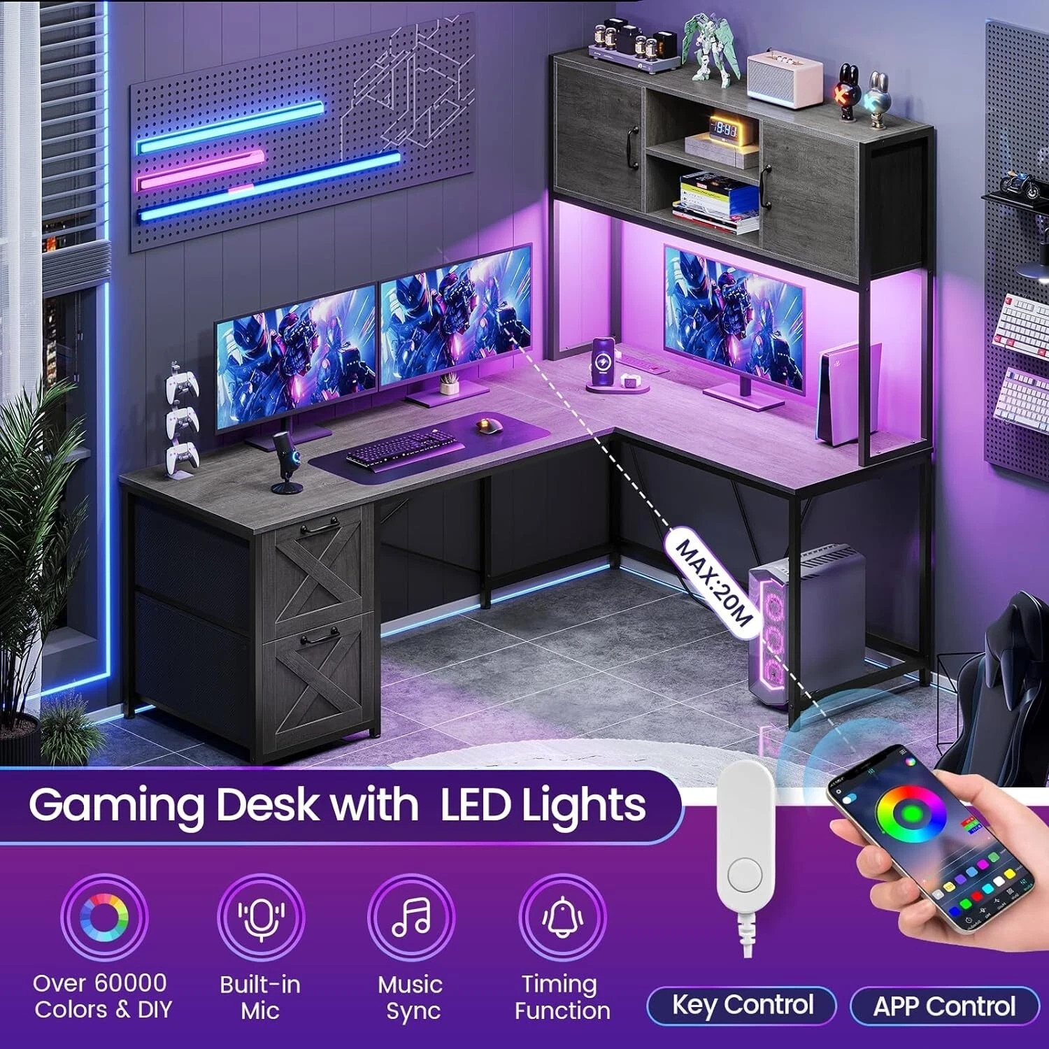 L Shaped Computer Desk with Led Lights, Hutch and Power Outlet, Home Office Desk