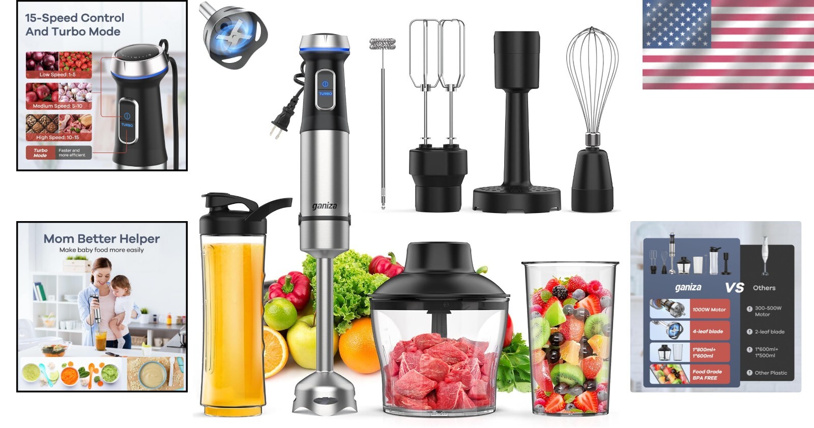 Heavy Duty Stainless Steel Immersion Blender - 8-in-1 with Turbo Boost Function