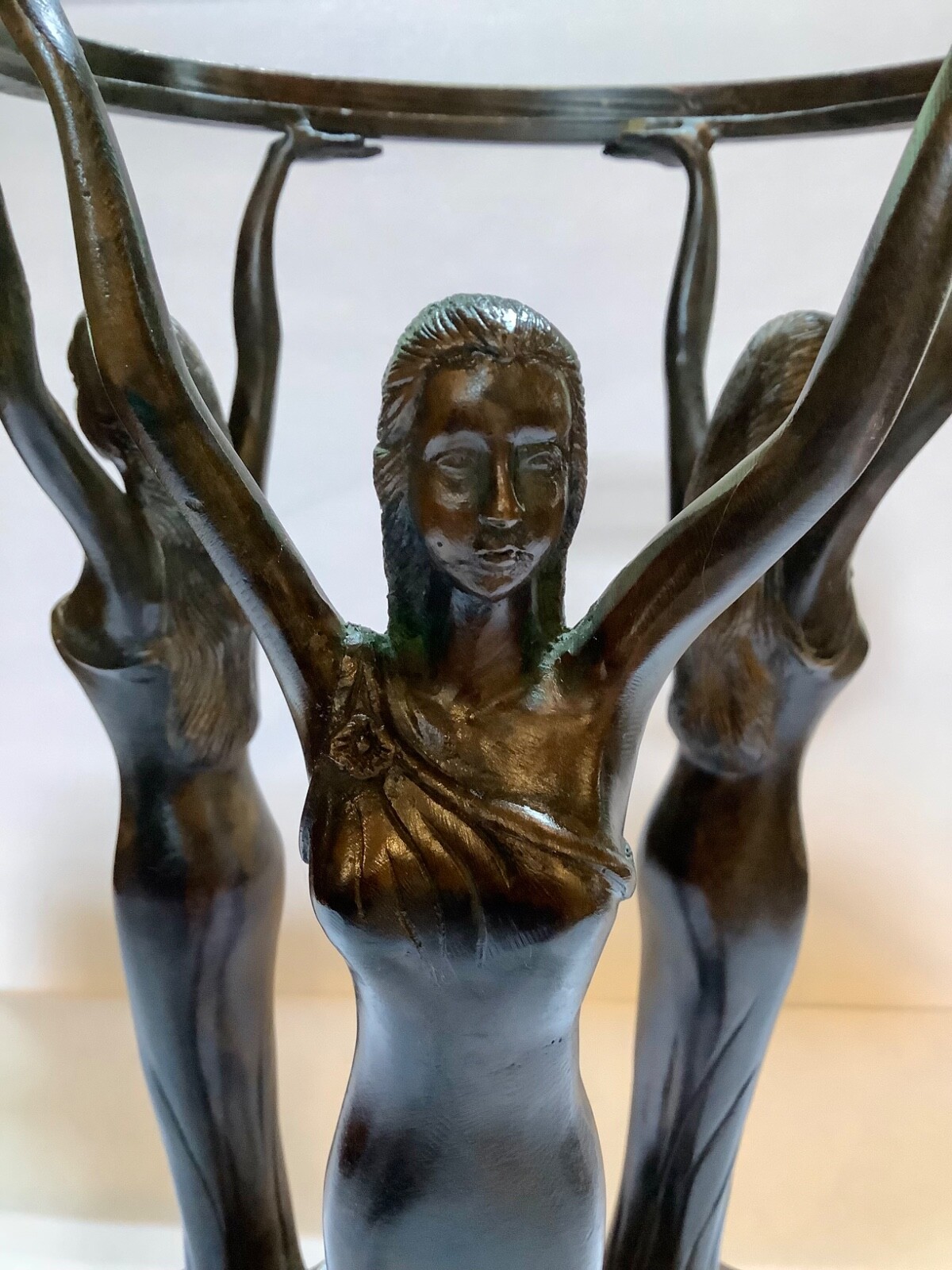 Nouveau Neoclassical Bronze Three Graces Centerpiece Orb or Bowl Stand Koi Feet