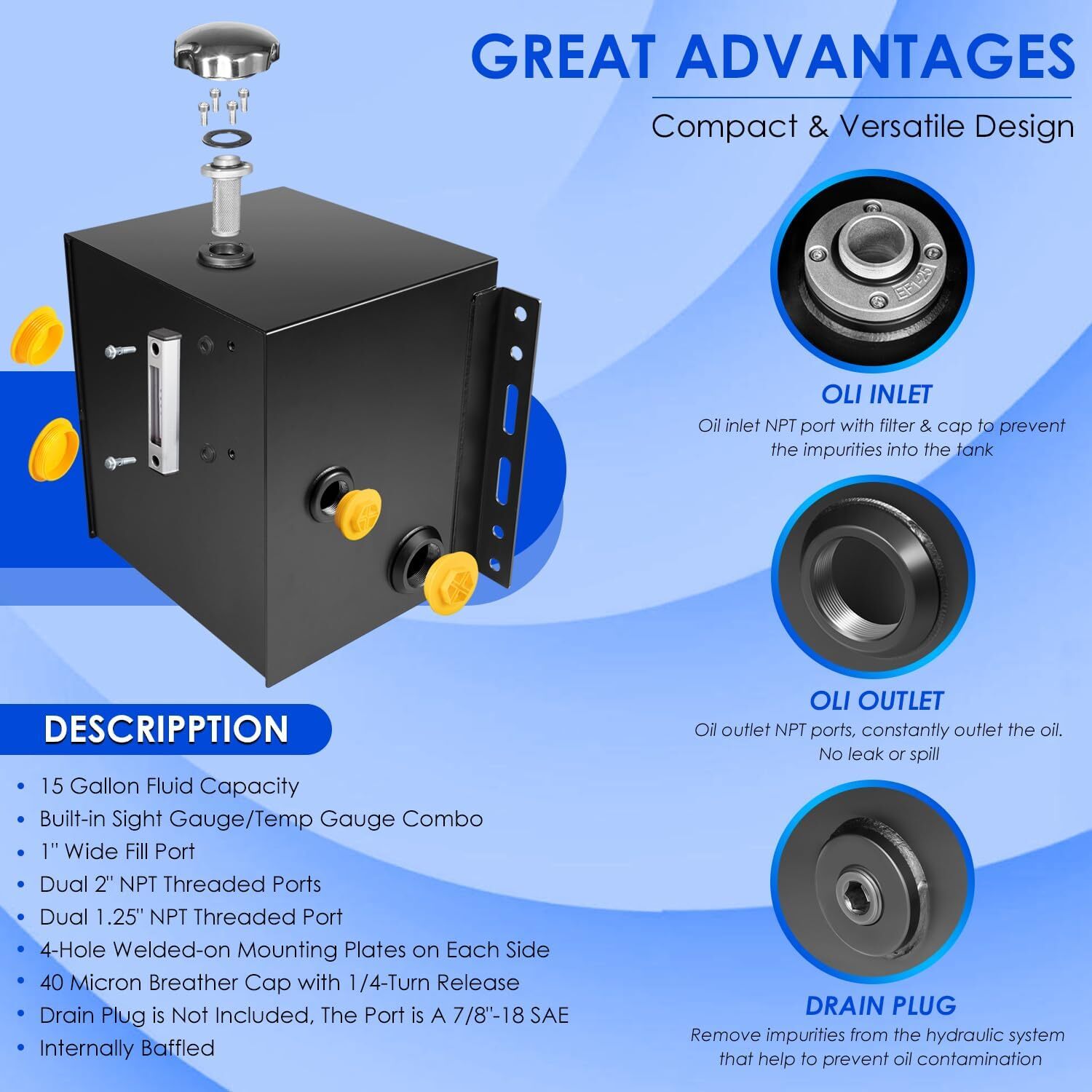 15-Gallon 14 Gauge Steel Hydraulic Fluid Reservoir Tank with Fill Cap Temp Gauge