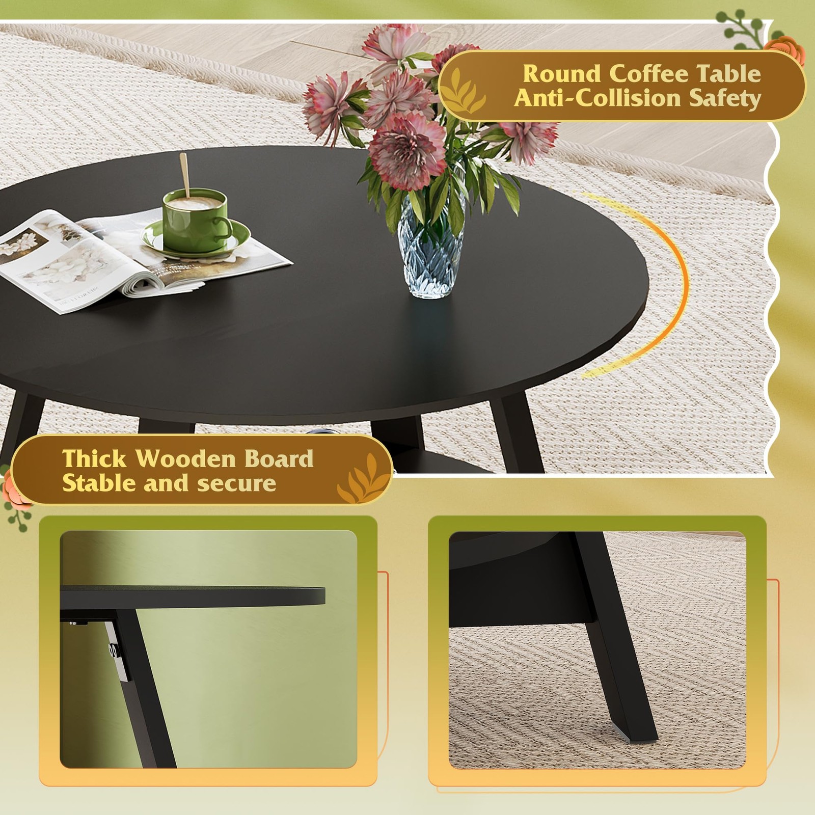 31.5 Inch Wood Black Round Coffee Table For Living Room With Storage Clearance