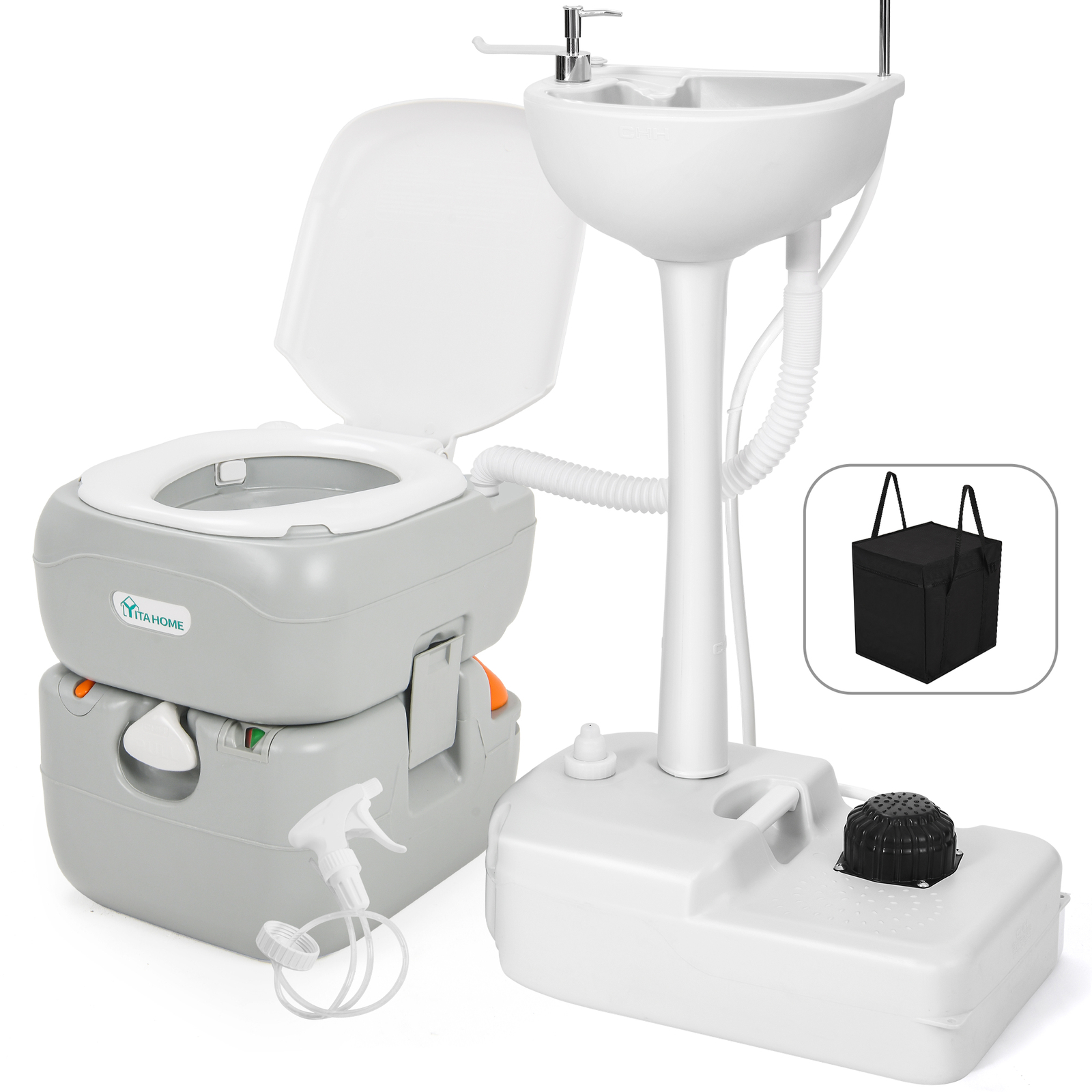5.8 GAL Portable Toilet & 17L Portable Sink w/ Hand Sprayer for Outdoor Camping