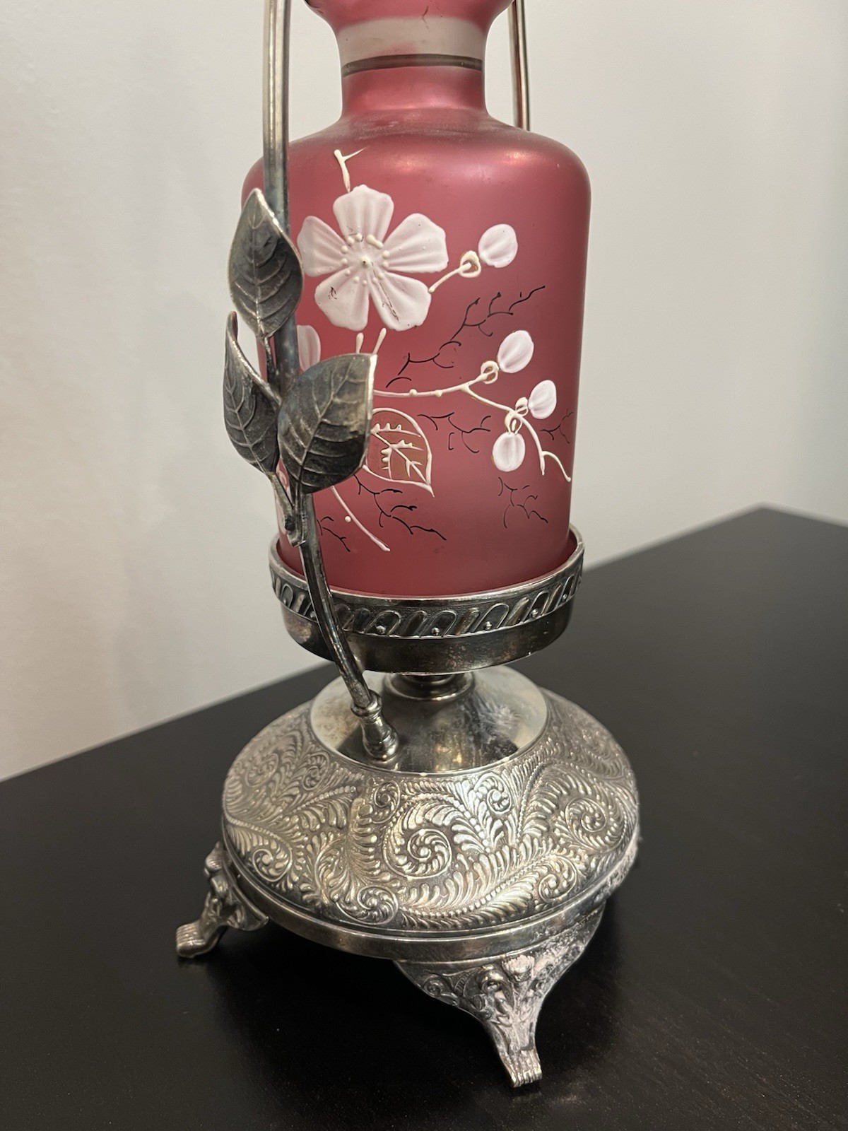 RARE Victorian Silver Plate Figural Perfume Castor Holder Cranberry Satin Glass