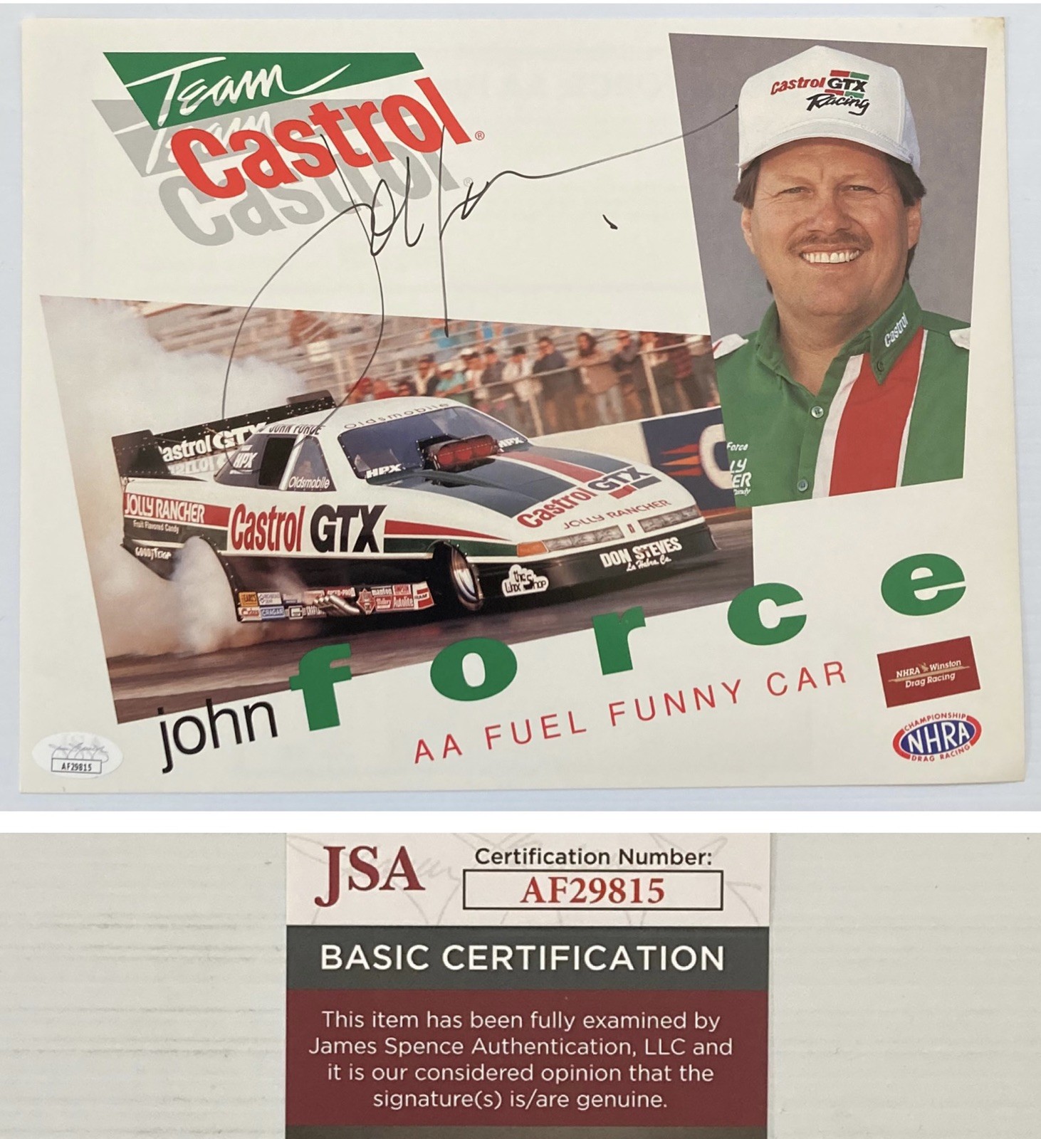 John Force Signed Autograph 8.5x11 1993 Castrol Hero Photo - JSA Cert - FREE S&H