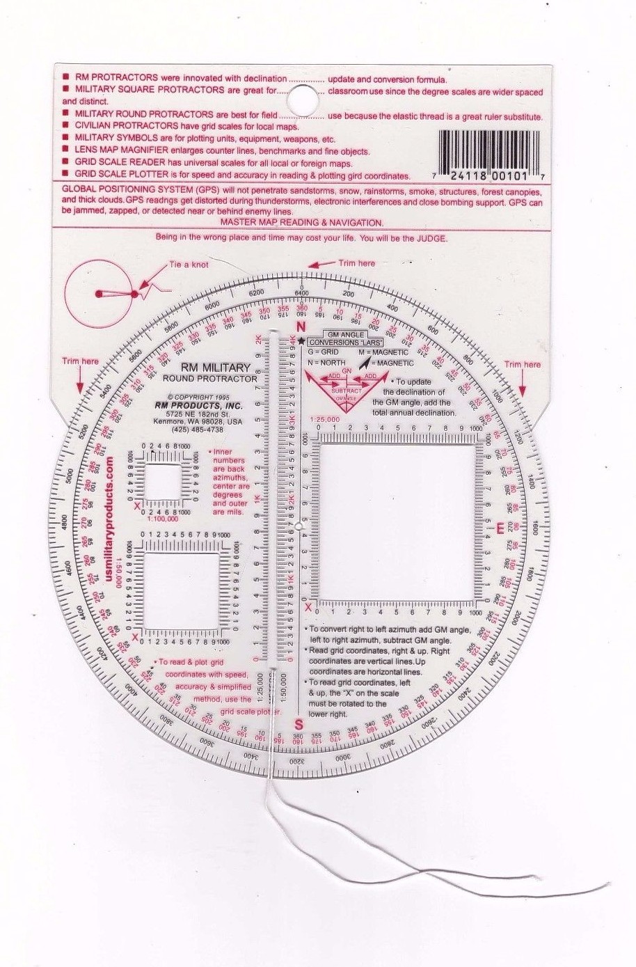 RM PRODUCTS Military Round Protractor (Red) SCALES: 1:25k / 1:50k / 1:100k