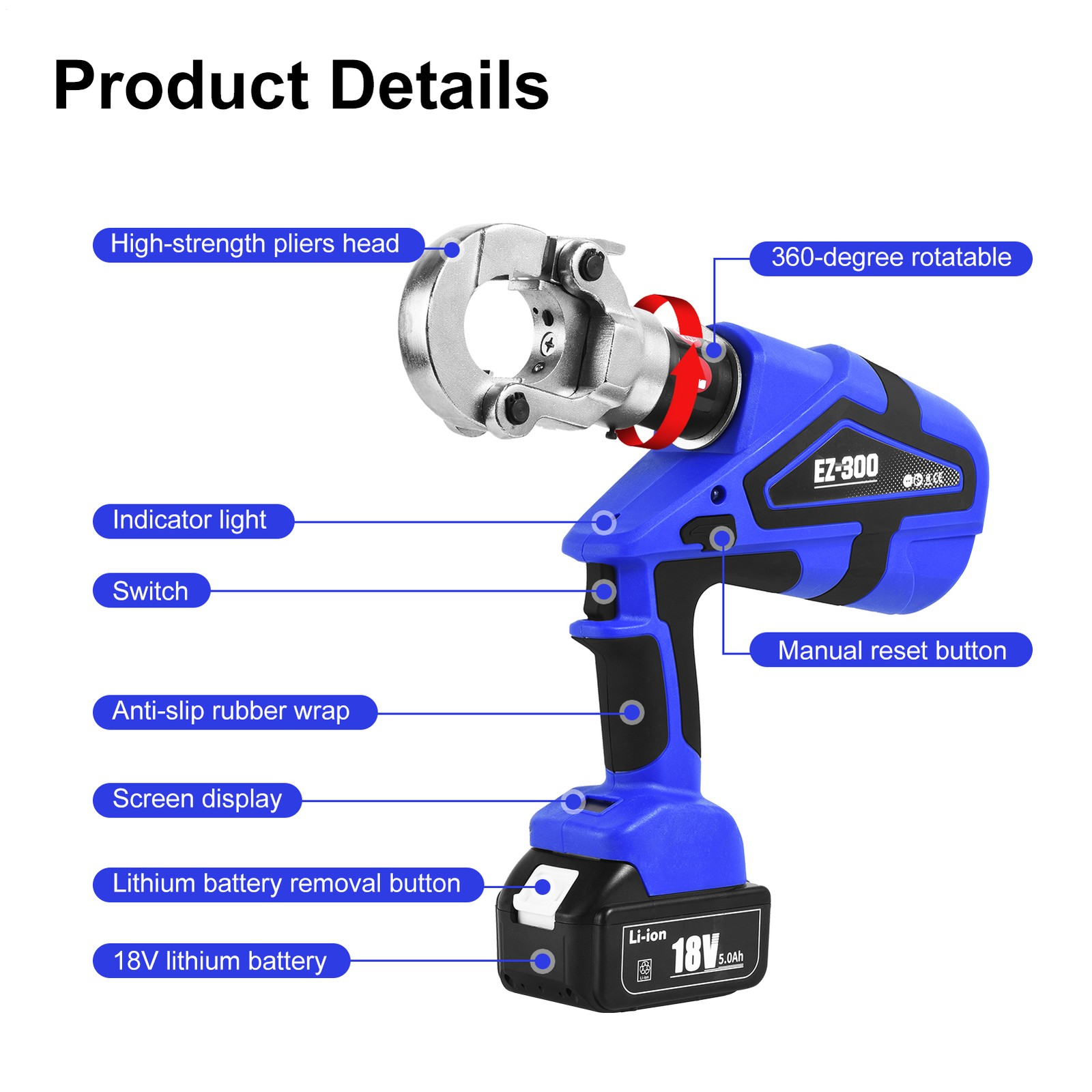18V Cordless Electric Hydraulic Crimping Tool Electrician Cable Lug Crimper