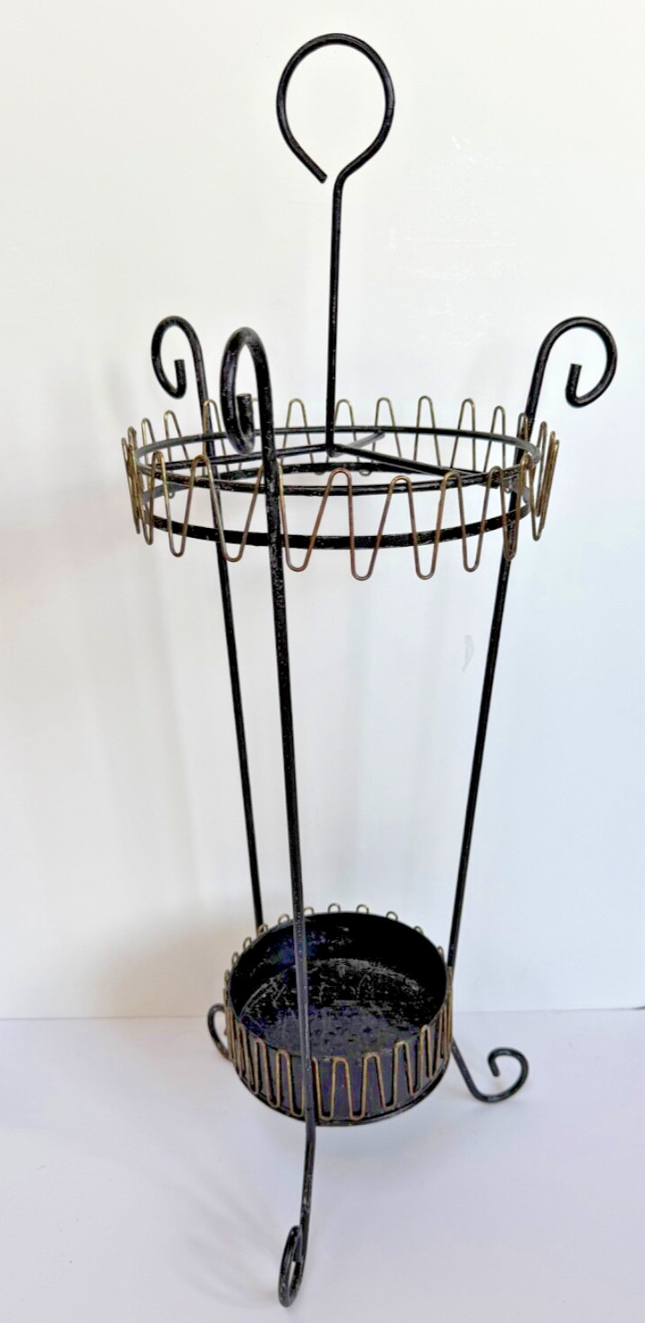 Vtg MCM Umbrella Stand cane walking-stick Holder Black Metal Gold-tone Trim 29"h