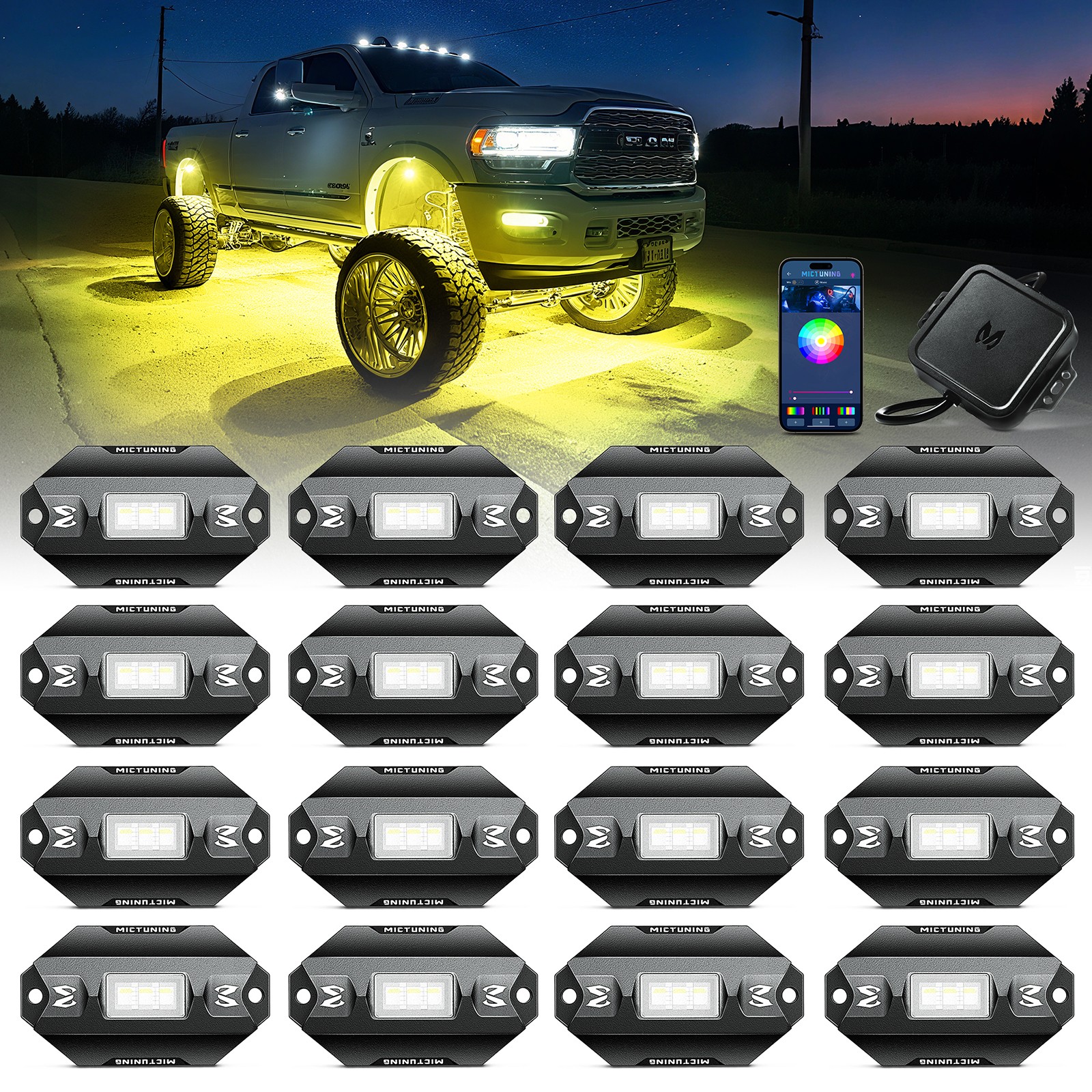 MICTUNING 16 Pods RGBW LED Rock Lights Kits, Underglow Neon Lights for Car Truck