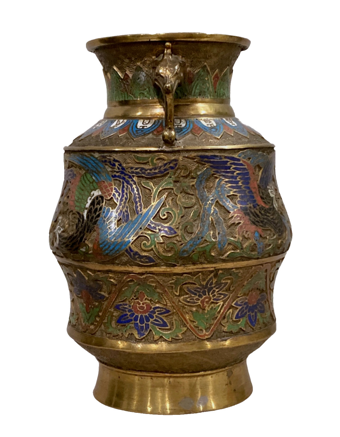 Antique Vintage Rare Shape Lrg Japanese Champleve Cloisonne Enamel Handled Vase