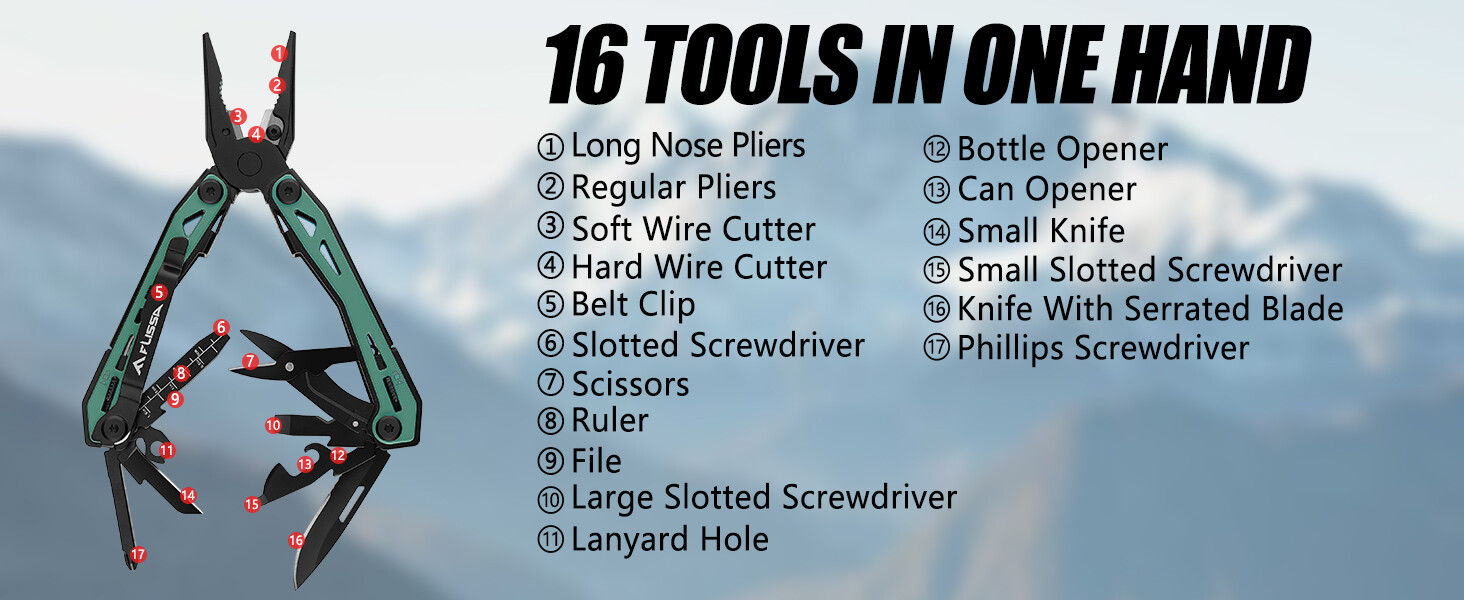 FLISSA 16-in-1 Multi Tool Pliers Stainless Steel EDC Multitool with Pocket Knife