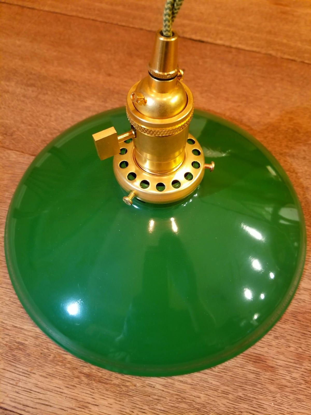 Green Porcelain Enamel Shade: 10" Rounded Metal, 2-1/4" fitter Benjamin Pendants