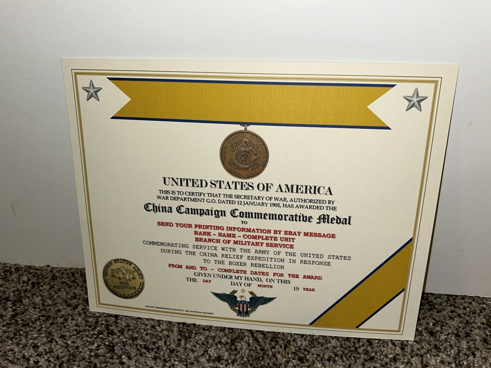 CHINA CAMPAIGN (ARMY) COMMEMORATIVE MEDAL CERTIFICATE ~ W/PRINTING TYPE-1