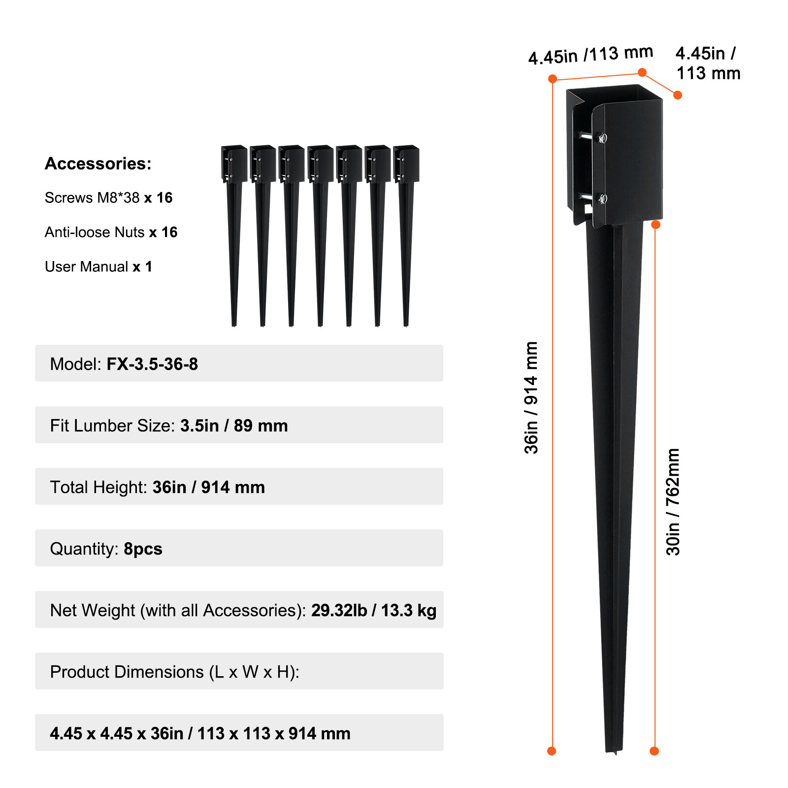 VEVOR Fence Post Anchor Ground Spike 8 Pack 36 x 4 x 4 In Metal Fence Stakes