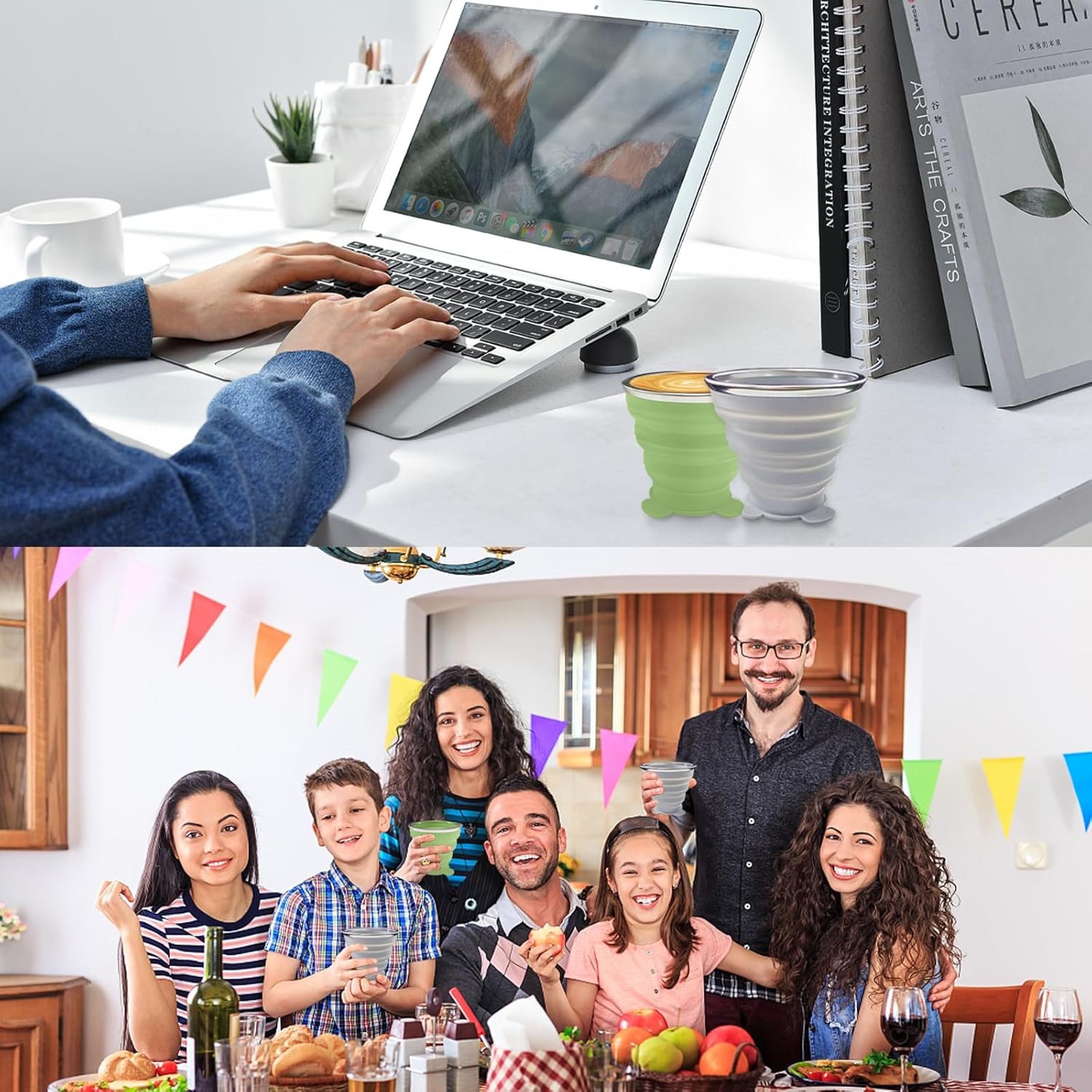 2 Pcs Collapsible Cups, Silicone 180+180, Grey&Green