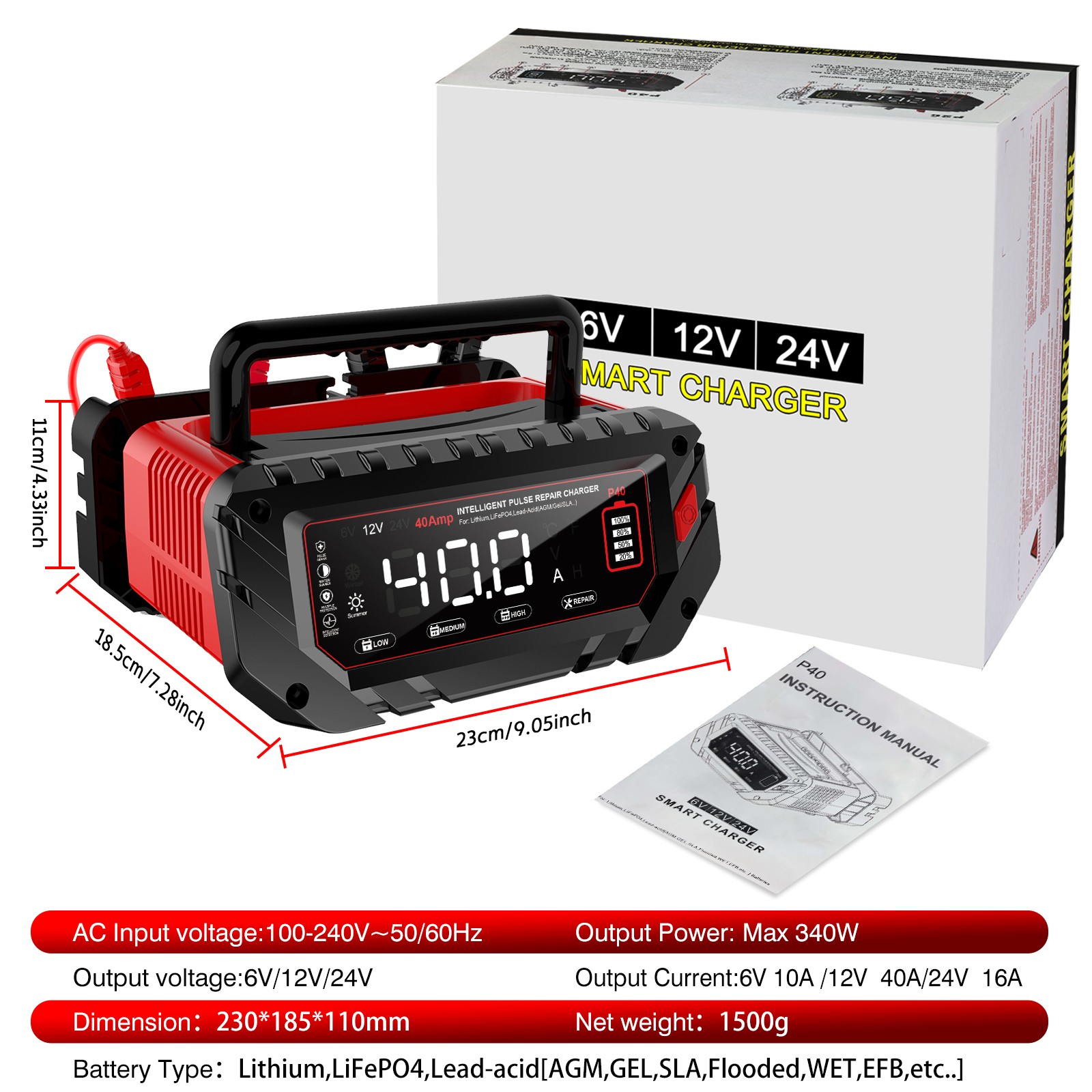 40-Amp Battery Charger, 12V/24V Lead Acid LiFePO4 Smart Battery Trickle Charger