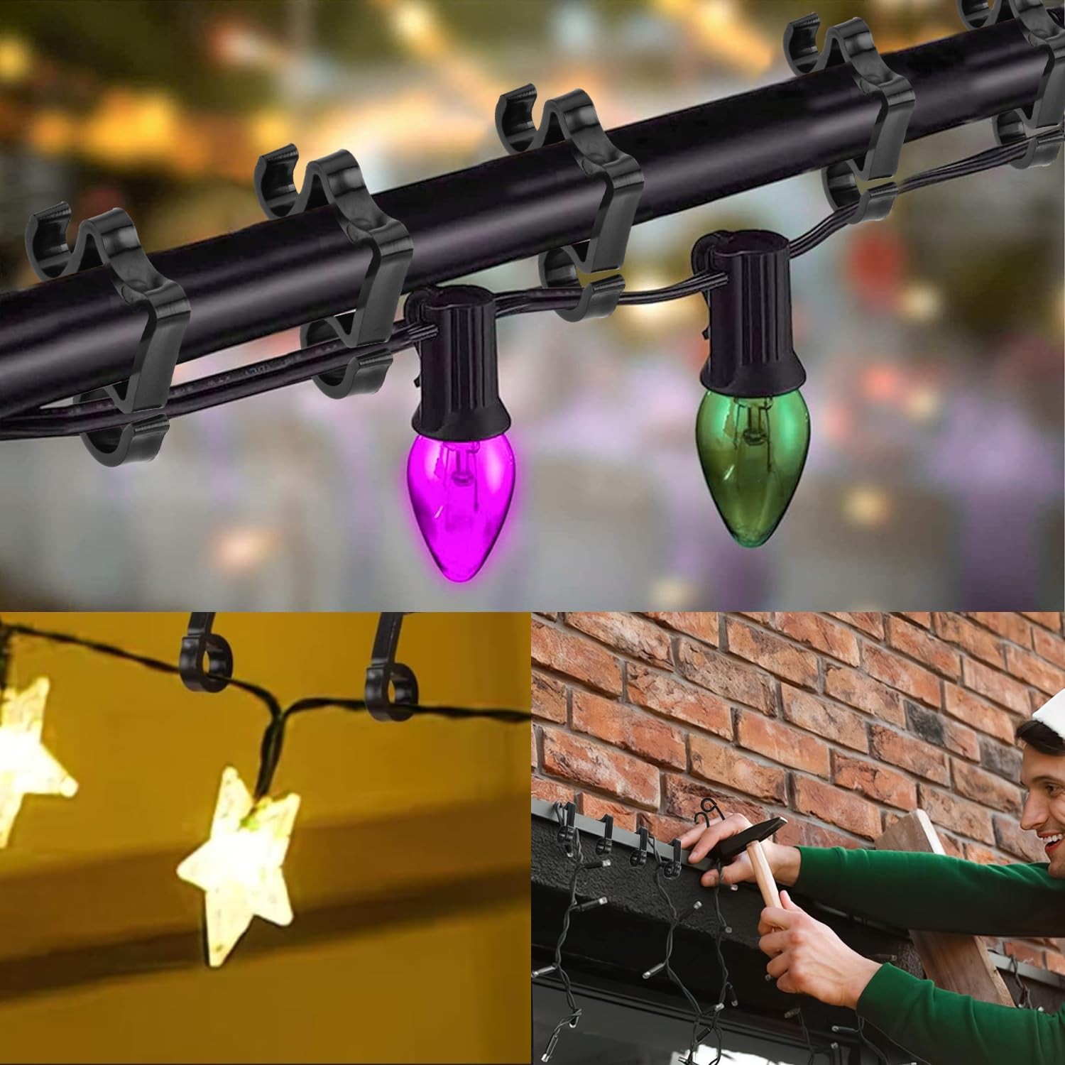 AccEncyc 100 Pcs Outdoor Light Clips Hooks for 100Pcs Black, Black