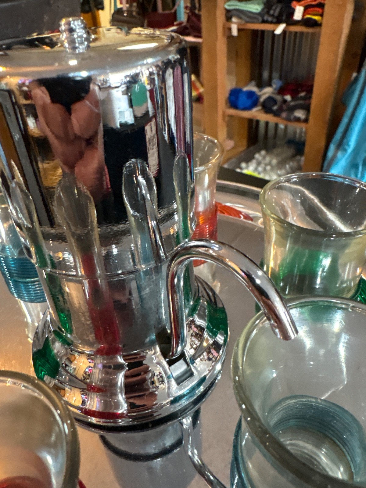 1950s Round Chrome Lidded Mini Tabletop Bar With Metal Sculpture Atop