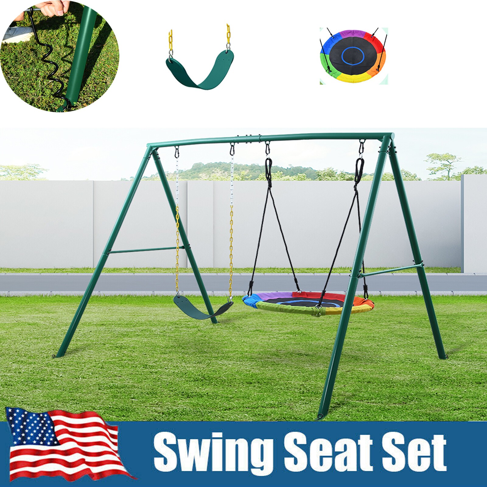 440lb 2 Seats Metal Swing Set Kids Adult Backyard Outdoor Heavy Duty Swing Stand