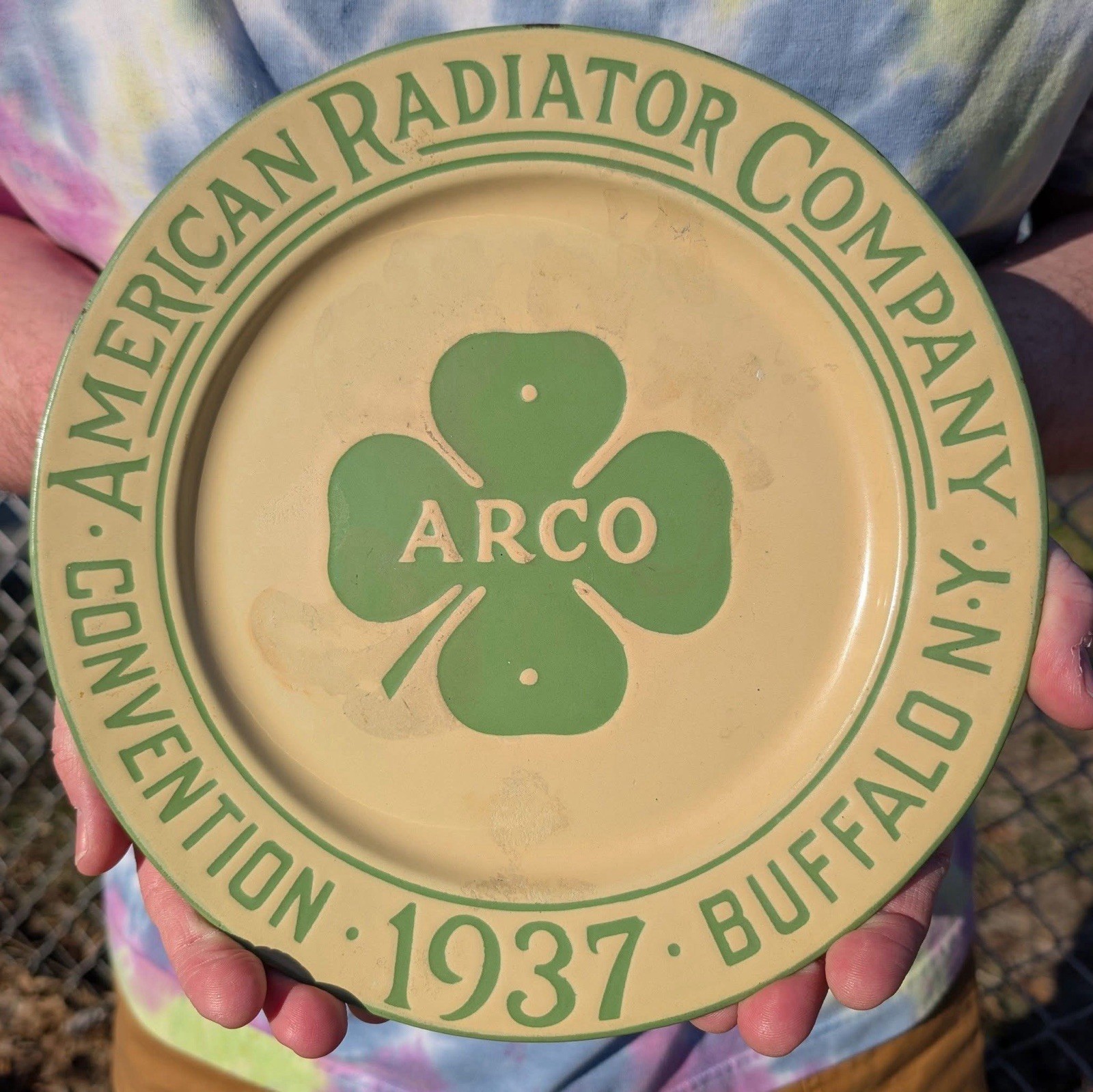 Vintage Early Auto American Radiator Porcelain Shamrock ARCO Buffalo Sign Plate