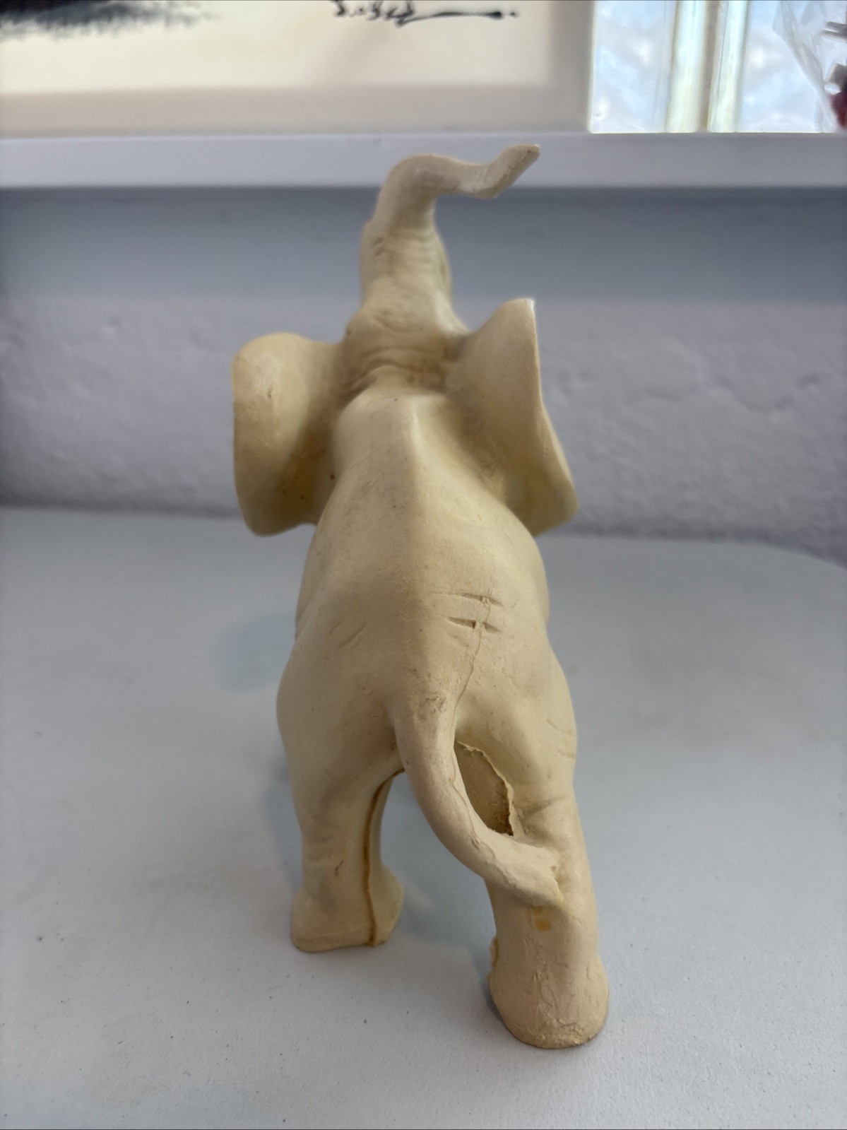 Elephant Figurine Trunk Up. White. Resin Or Alabaster? 1.2 Lbs