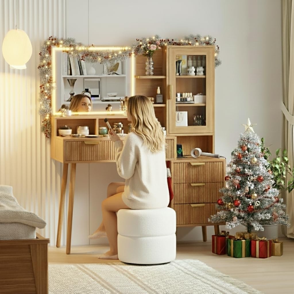 Vanity Desk with Lighted Mirror & USB,Fluted Makeup Table with 5 Drawers Storage