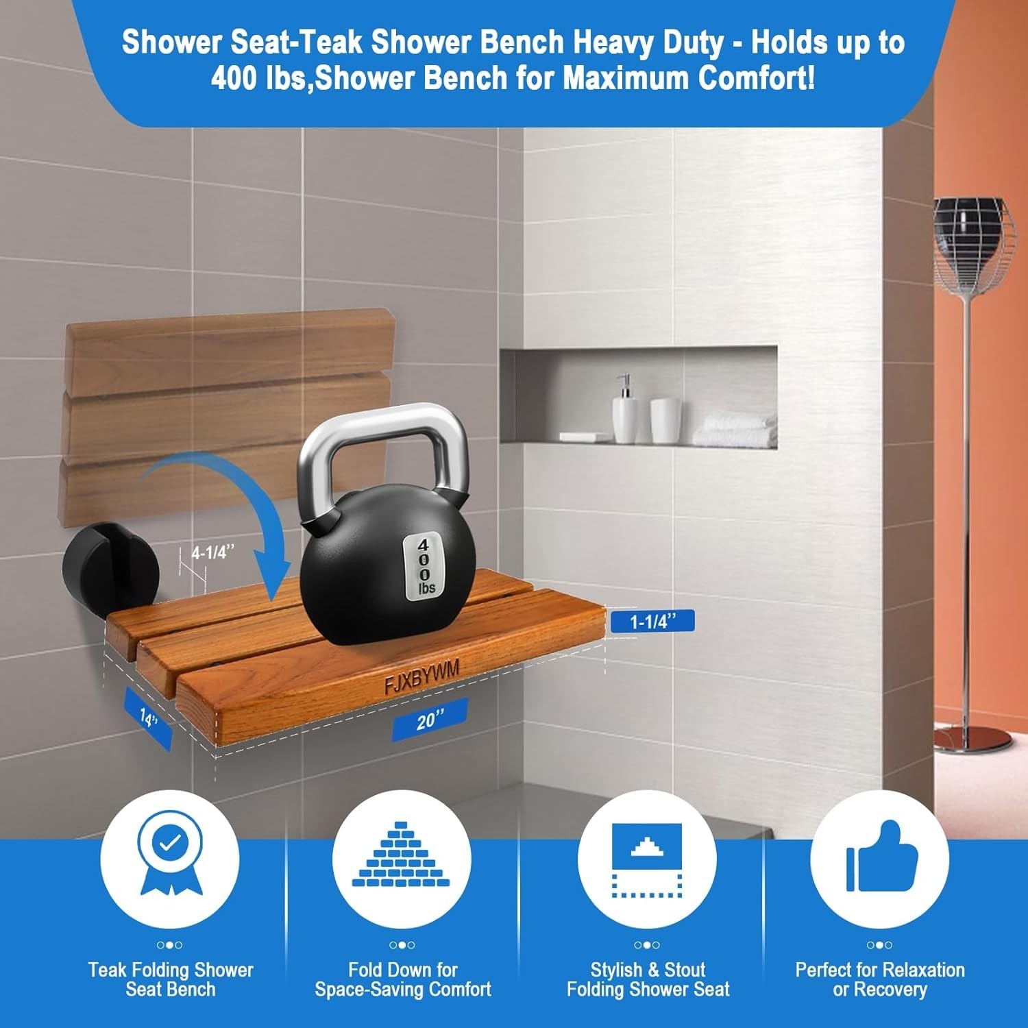20-inch Teak Shower Bench Wall Mounted Fold-Down Shower Seat