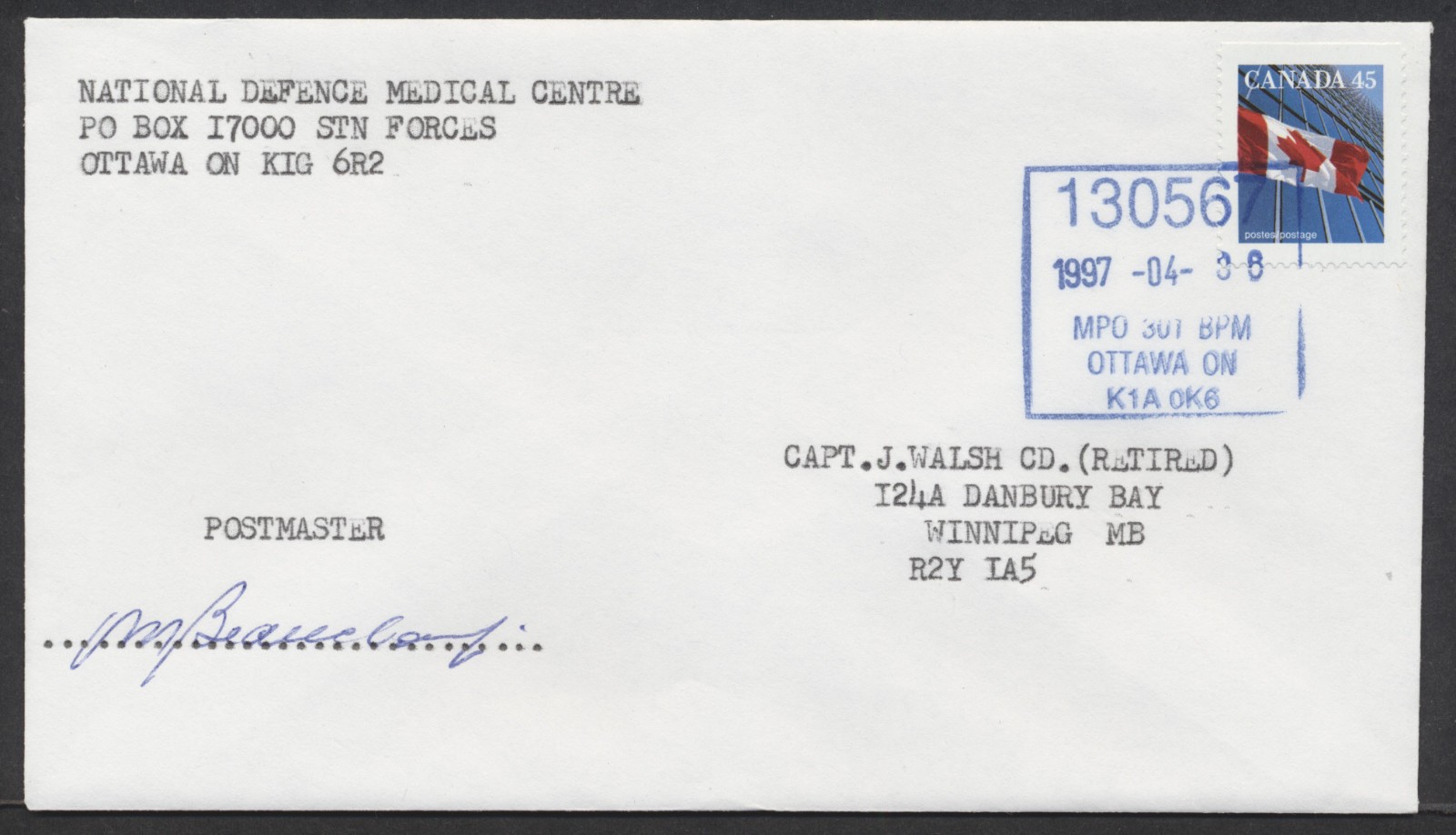 1997 National Defense Medical Centre Cover MPO 301 BPM Ottawa Postmaster Signed
