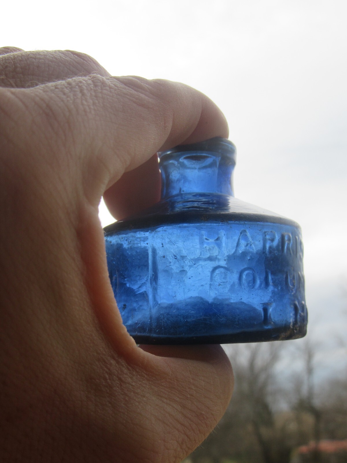 RARE Antique 1850's Harrison's Columbian Ink Cobalt Inkwell Bottle, Pontil