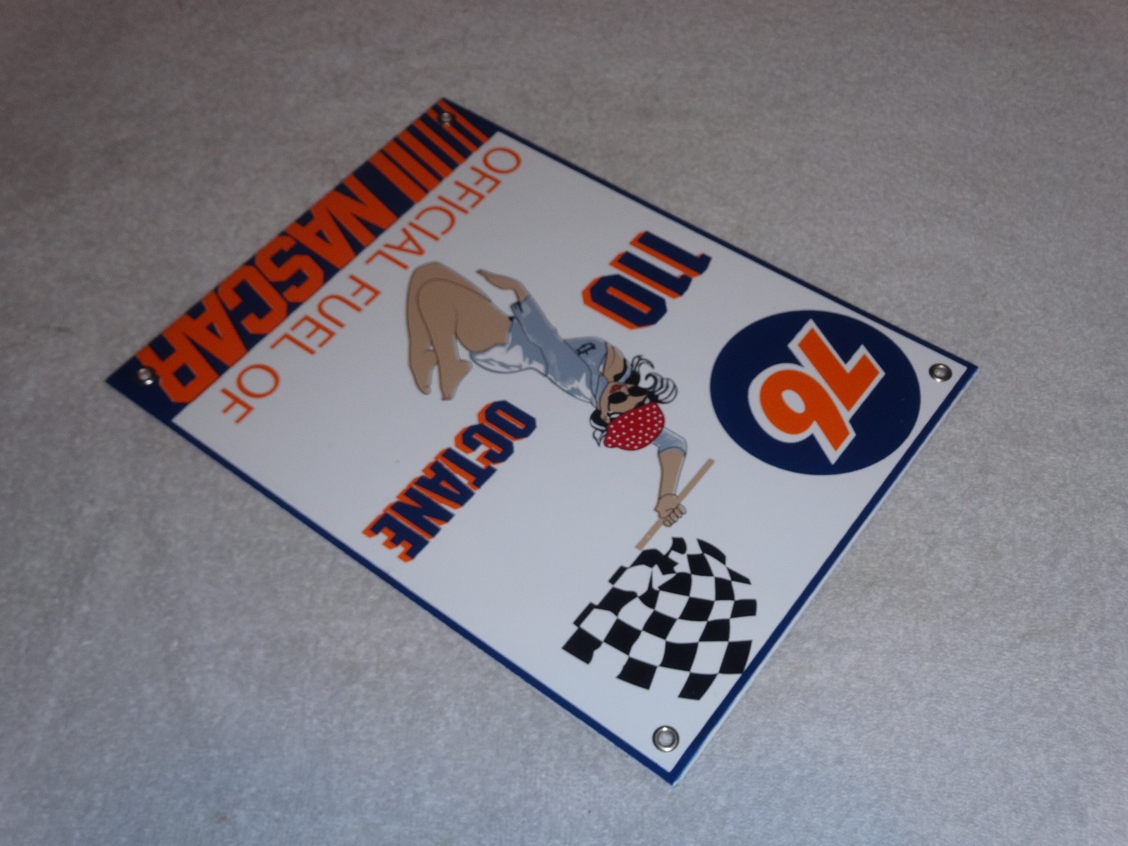 VINTAGE UNION 76 GASOLINE WOMAN +RACING FLAG 12" PORCELAIN METAL NASCAR OIL SIGN