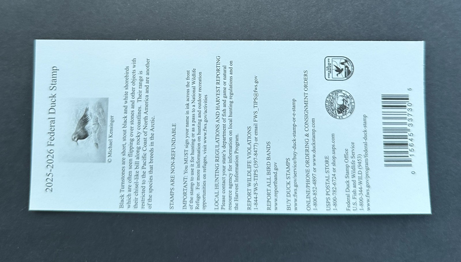 #RW92A 2025 - 2026 - US Federal Duck Stamp **ADAM GRIMM** Post Office FRESH