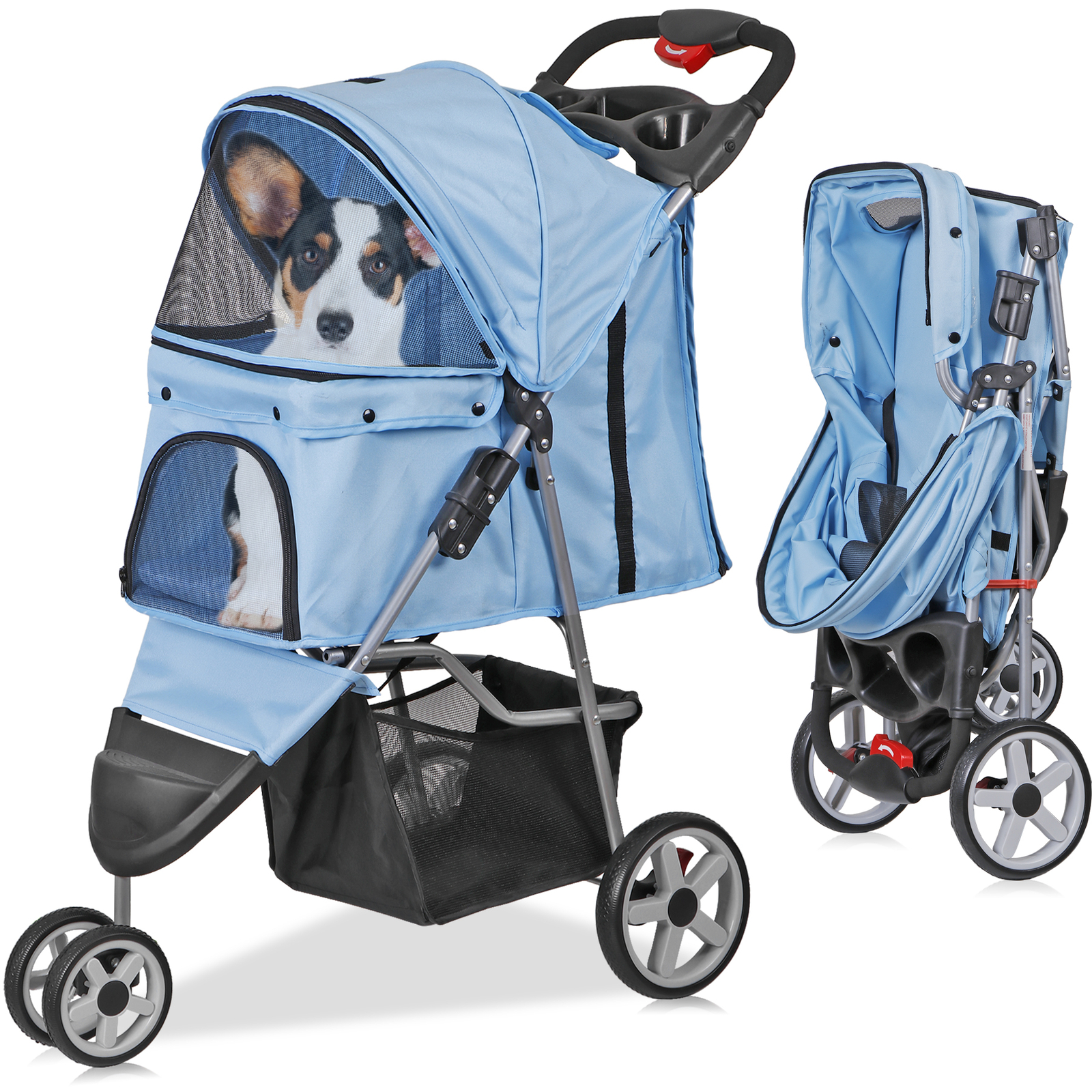3 Wheels Pet Dog Cat Stroller for Small Medium Dogs Cats with Cup Holder Blue