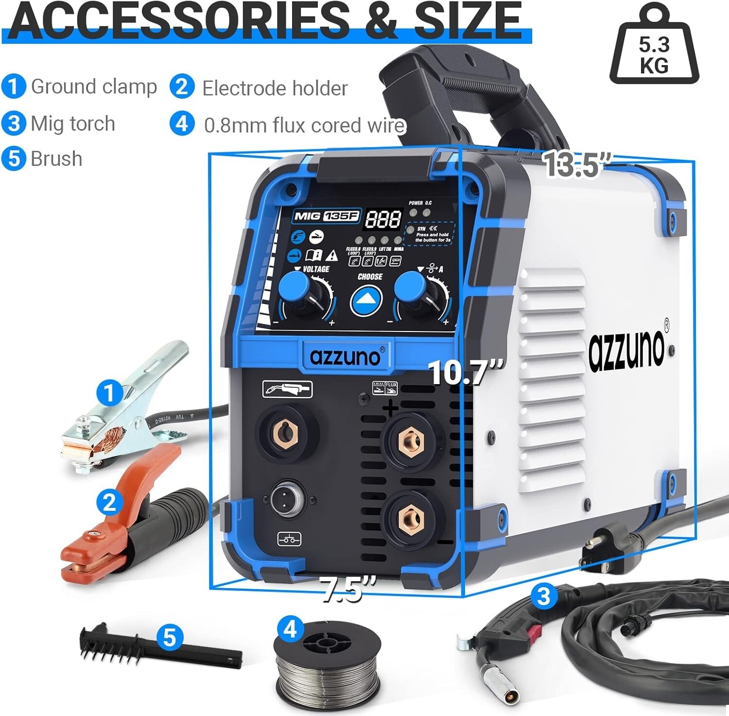 AZZUNO 135A MIG Welder 110V Flux MIG/Lift TIG/Stick 3 in1 IGBT Welding Machine
