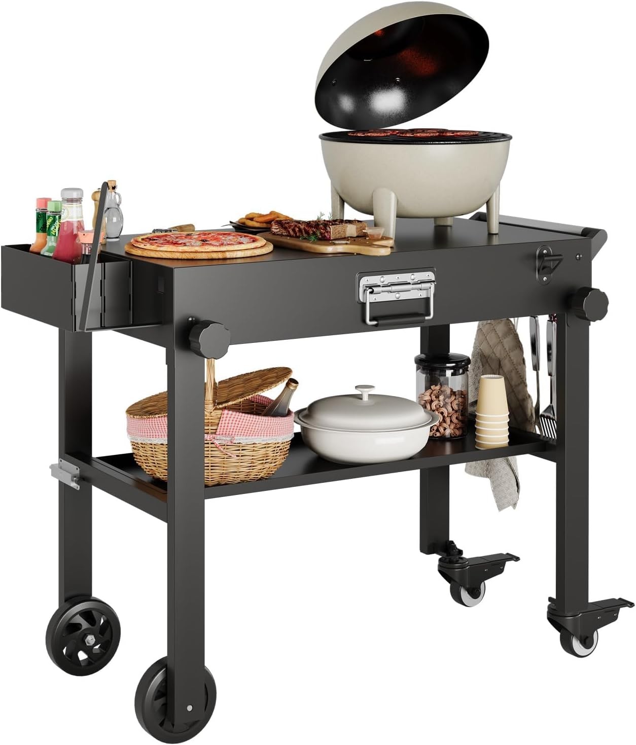 450LBS Portable Outdoor Grill Table Folding Grill Cart BBQ Prep Table w/ Wheels