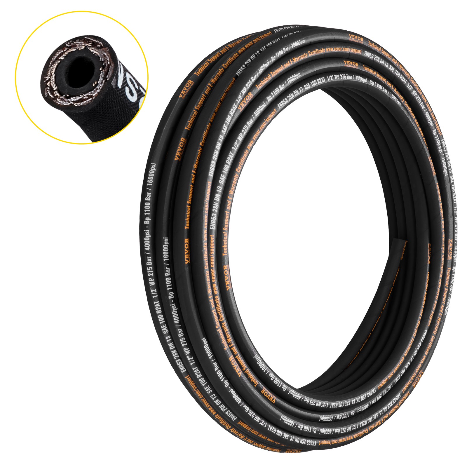 VEVOR 1/2" SAE Hydraulic Hose - 100ft Coiled, R2 Steel Wire, 4000 PSI WP